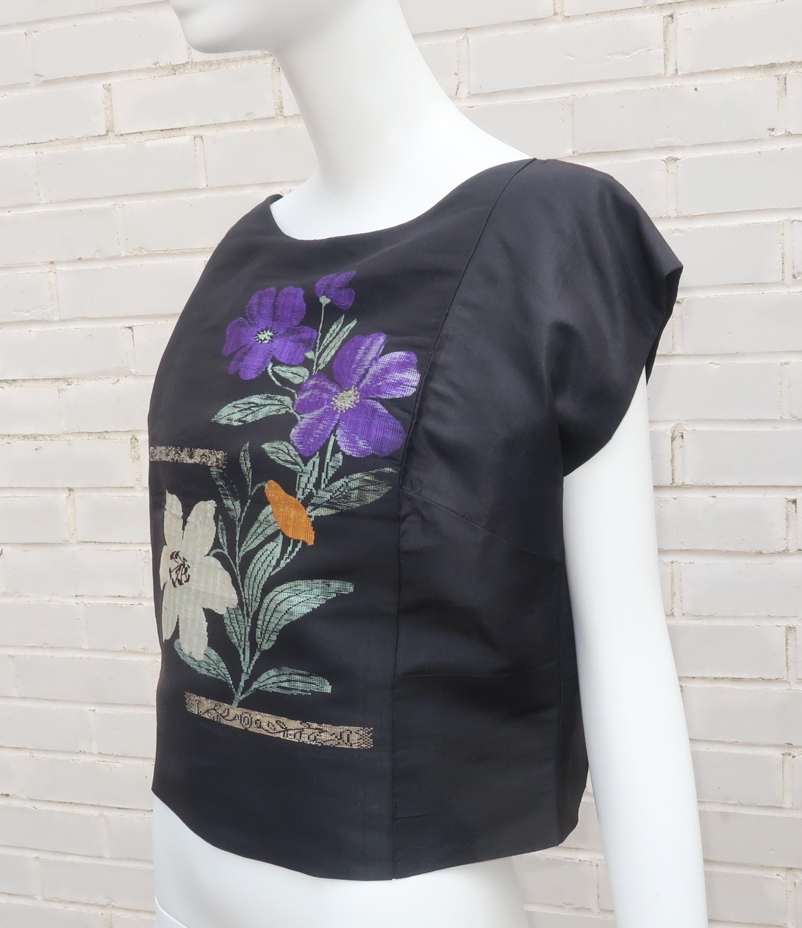 Custom Obi Black Top With Floral Design, C.1950 For Sale 2