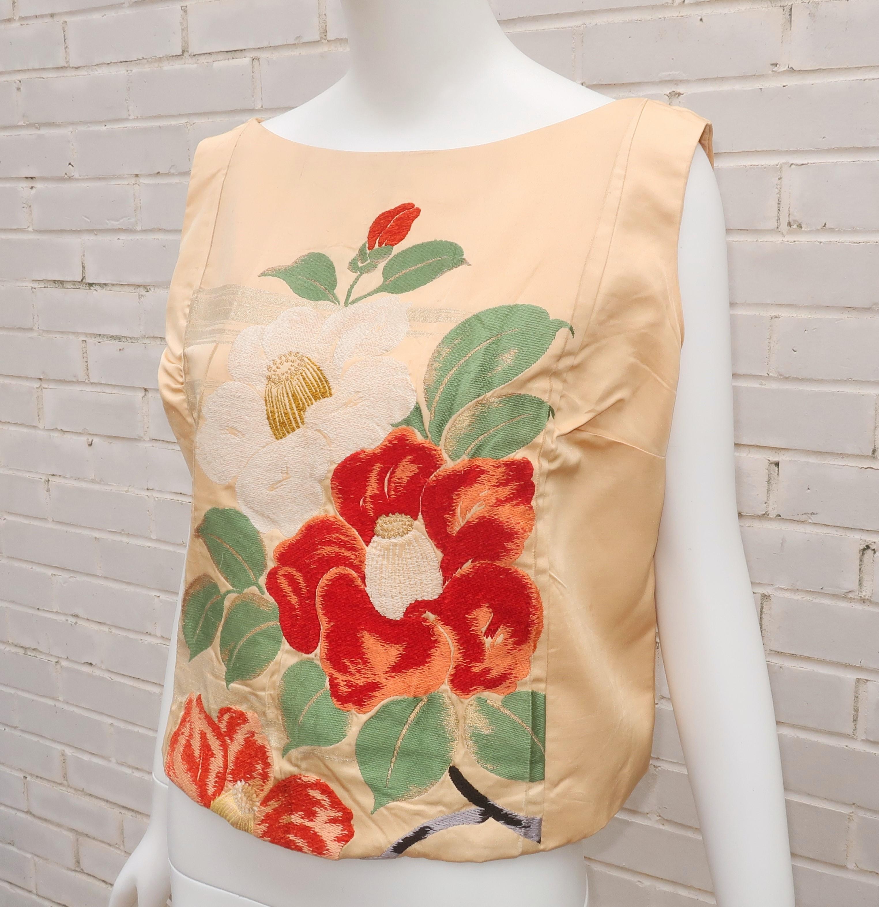 Beige Custom Obi Creme Top With Floral Design, C.1950