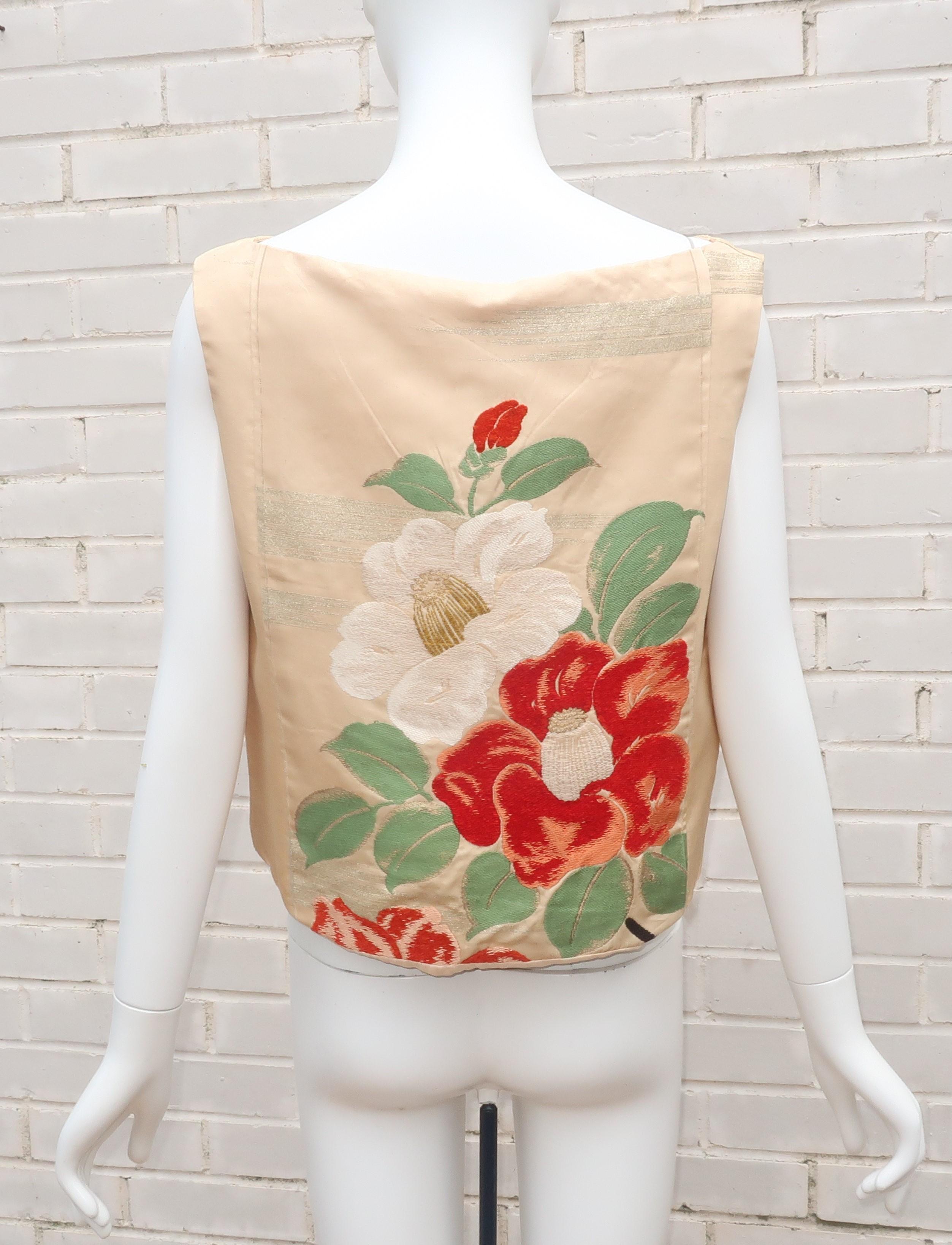 Women's Custom Obi Creme Top With Floral Design, C.1950 For Sale