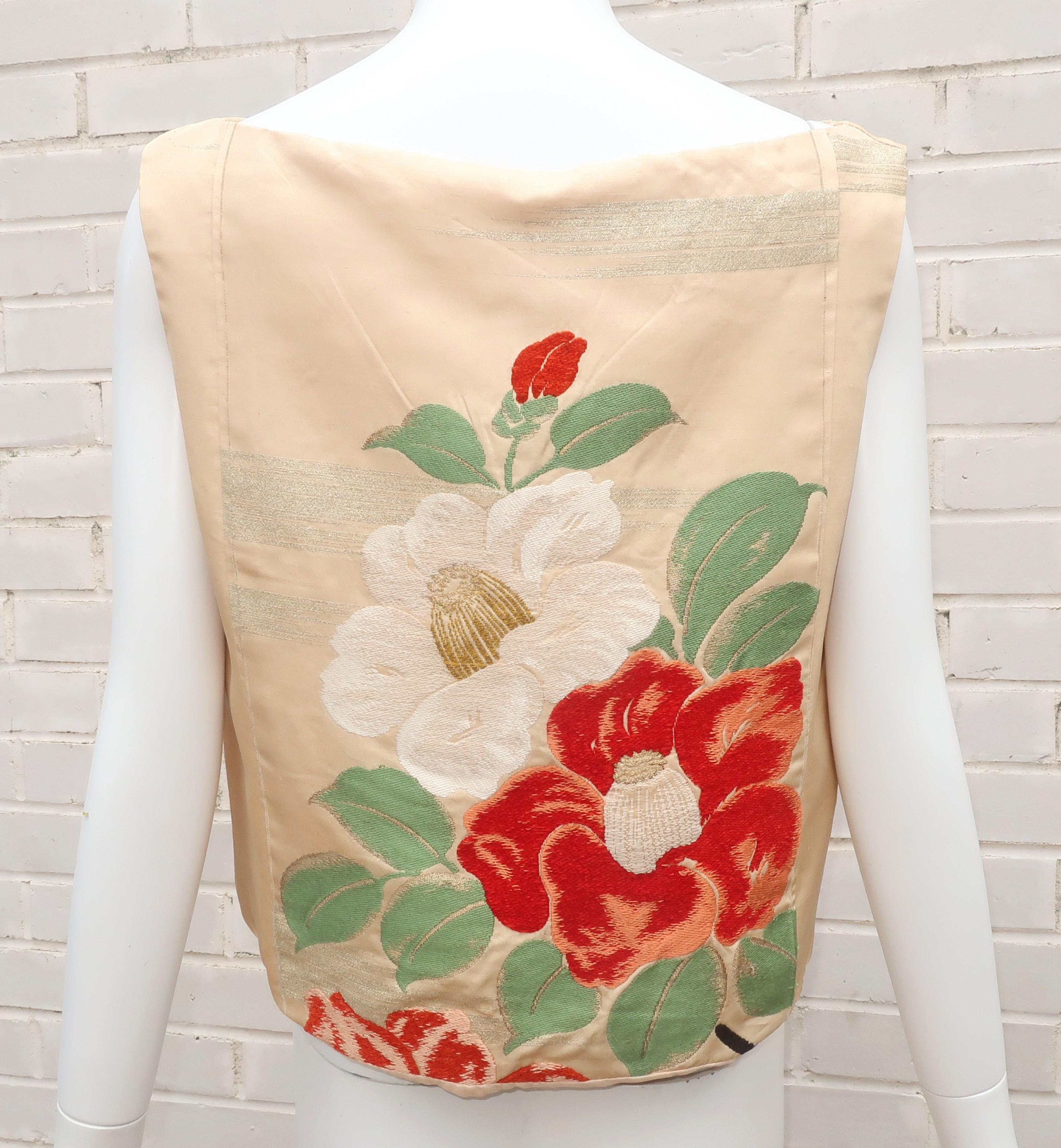 Custom Obi Creme Top With Floral Design, C.1950 1