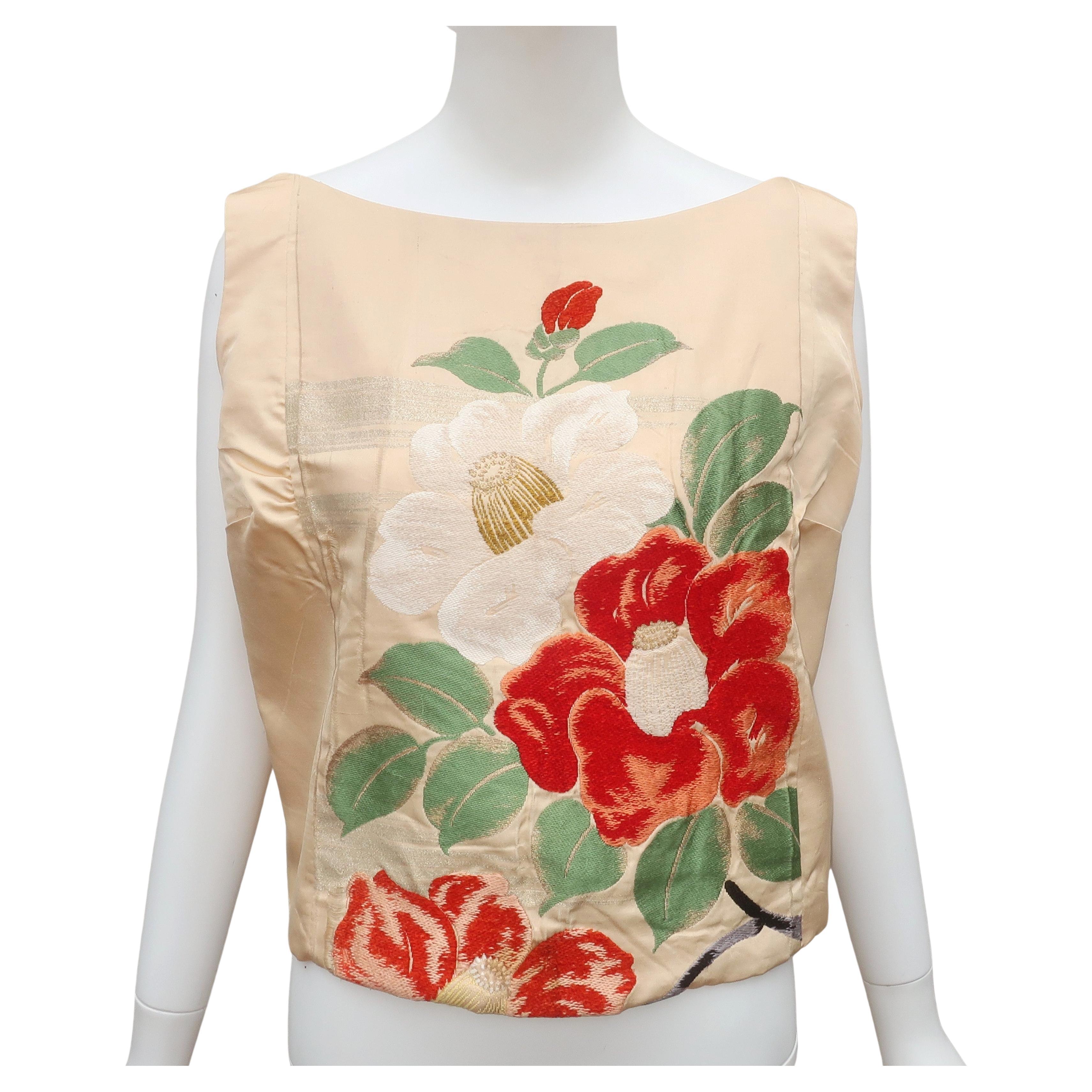 Custom Obi Creme Top With Floral Design, C.1950