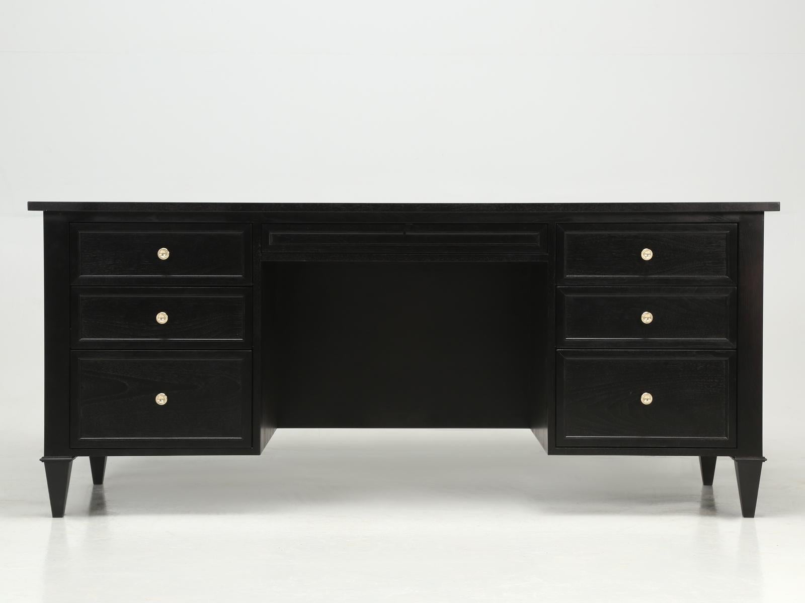 Custom Old Plank Directoire Inspired Ebonized Desk with Gilded Leather Top For Sale 3