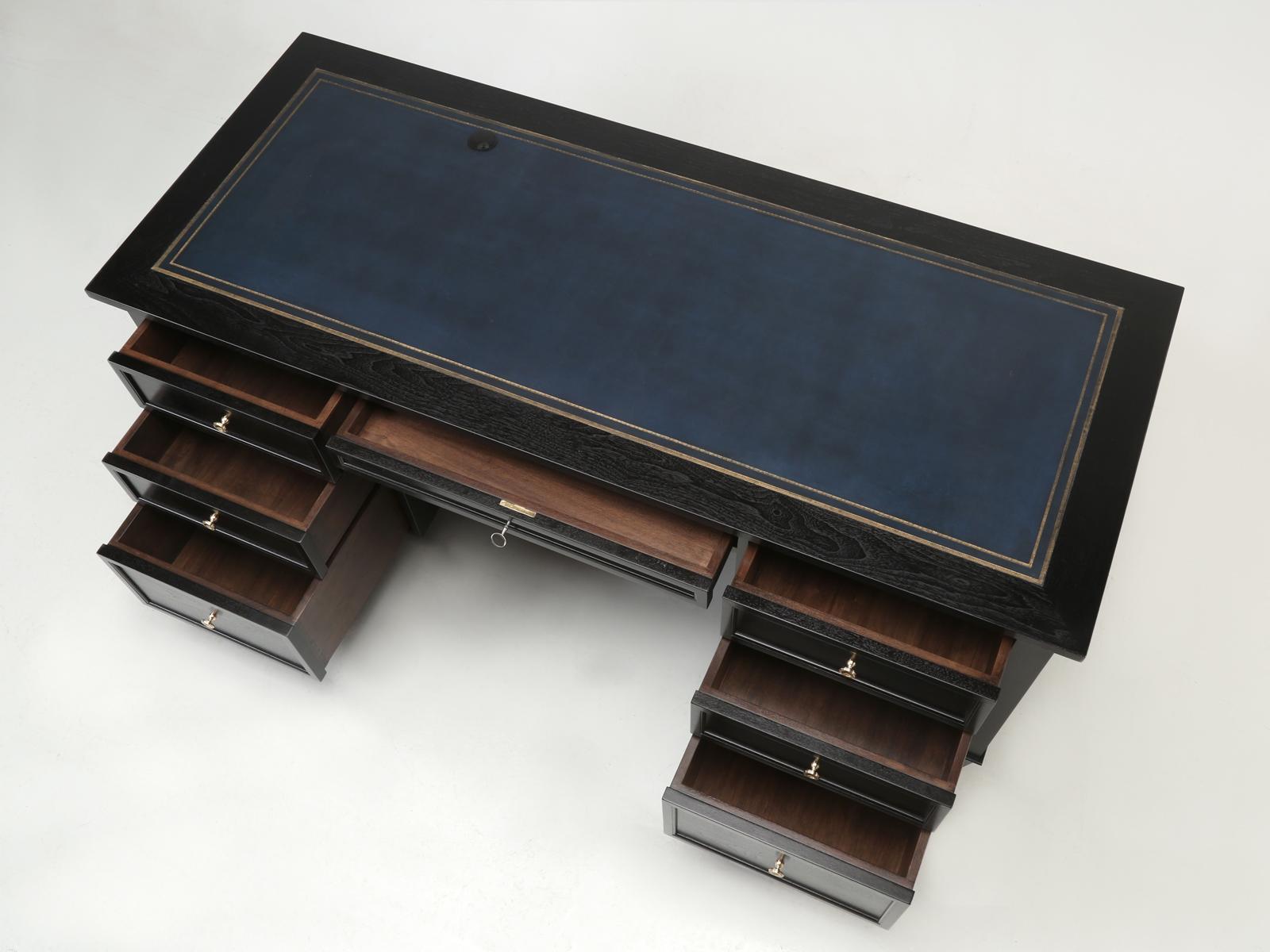 Mahogany Custom Old Plank Directoire Inspired Ebonized Desk with Gilded Leather Top For Sale