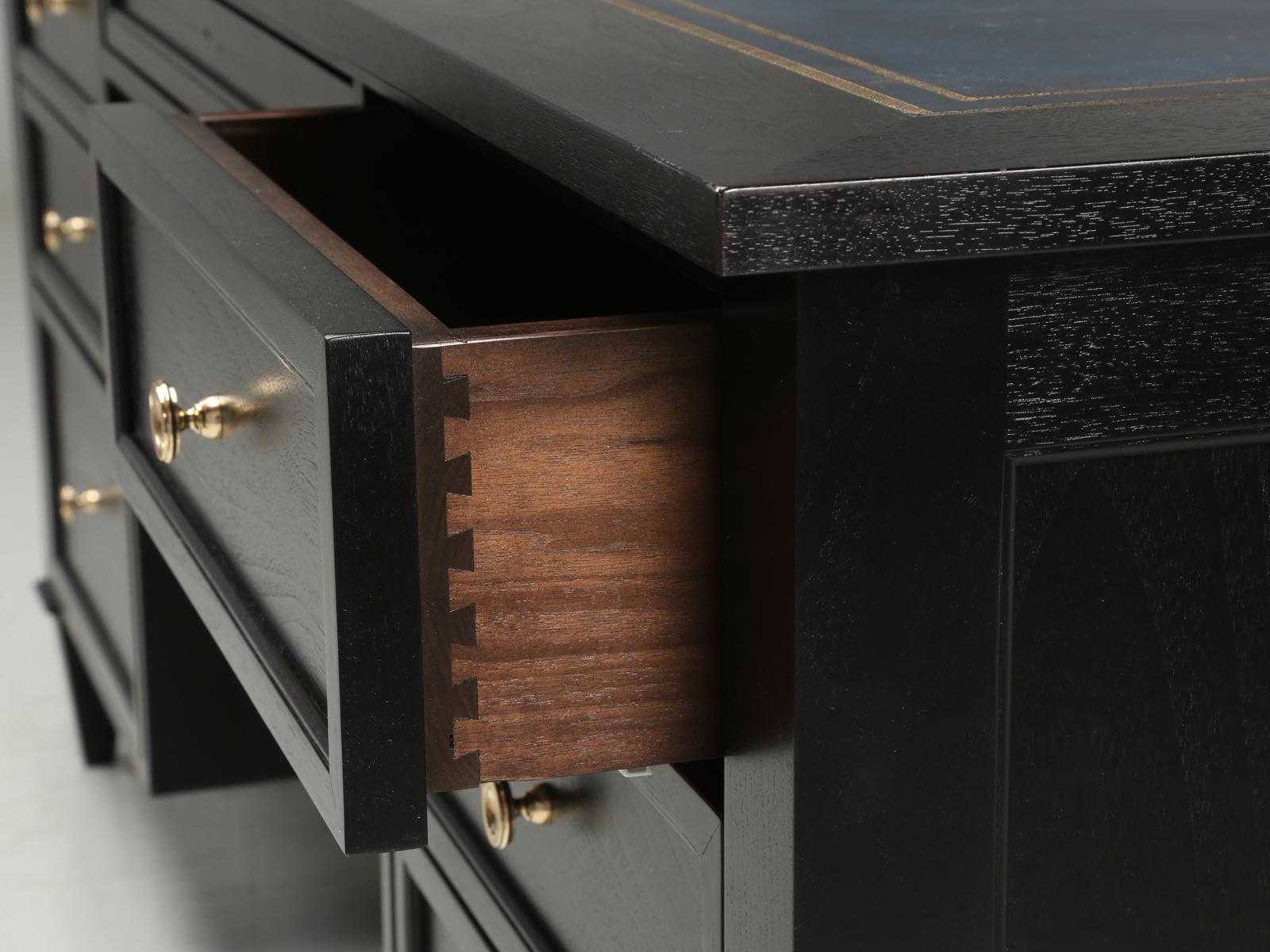 Custom Old Plank Directoire Inspired Ebonized Desk with Gilded Leather Top For Sale 2