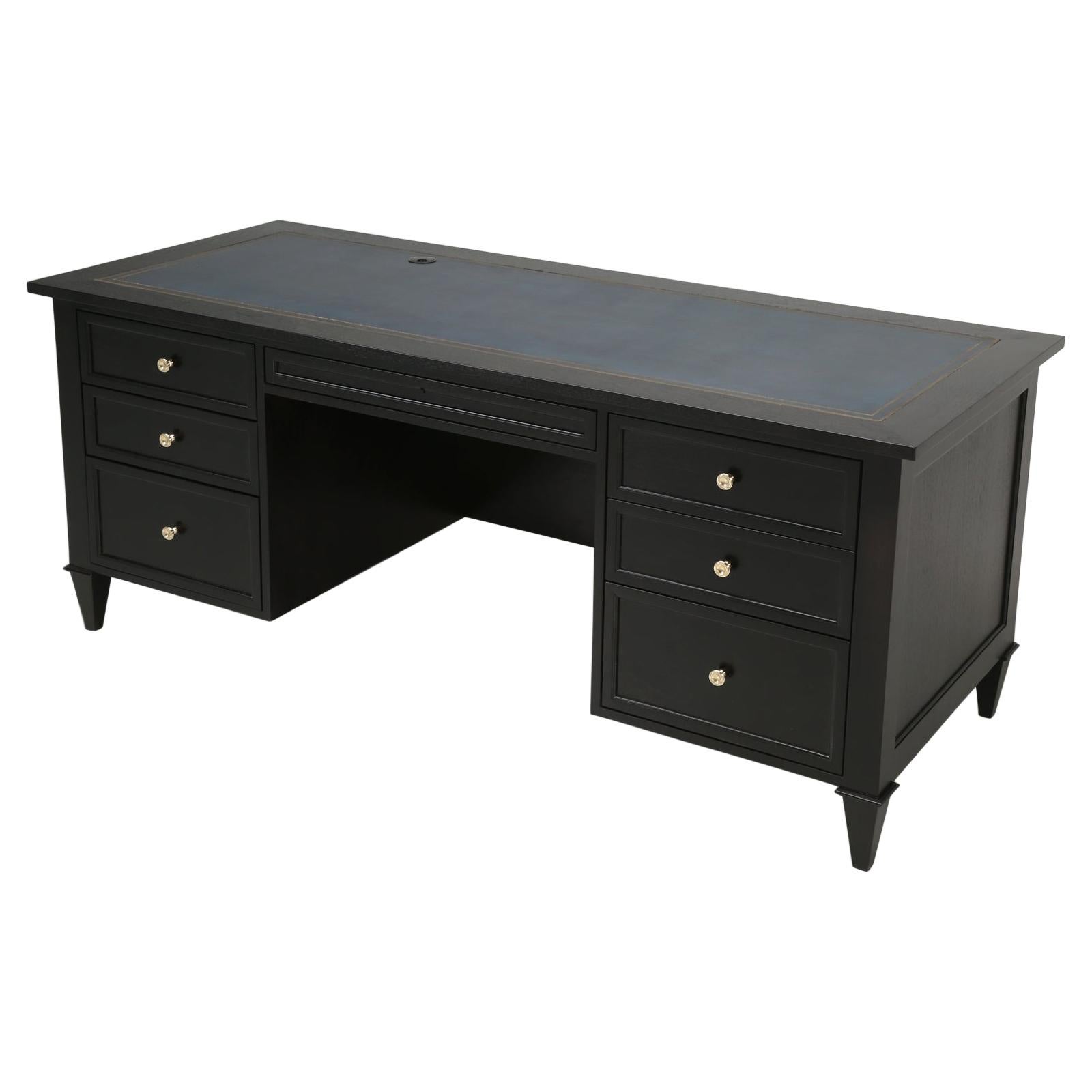 Custom Old Plank Directoire Inspired Ebonized Desk with Gilded Leather Top For Sale