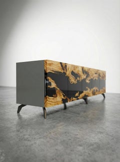 Custom Olive Wood Sideboard with Black Epoxy, Handcrafted Luxury Wooden Credenza