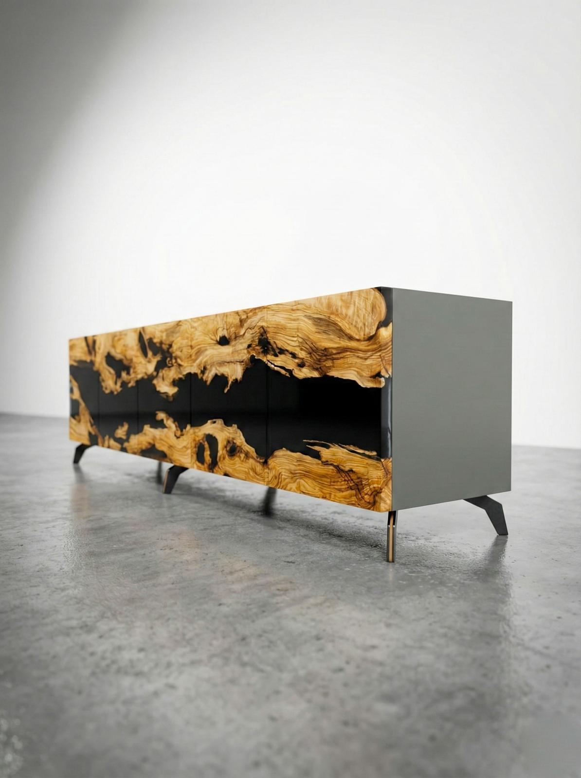 Turco Credenza personalizzata in Wood Oliver con resina epossidica nera, credenza artigianale in legno di lusso in vendita