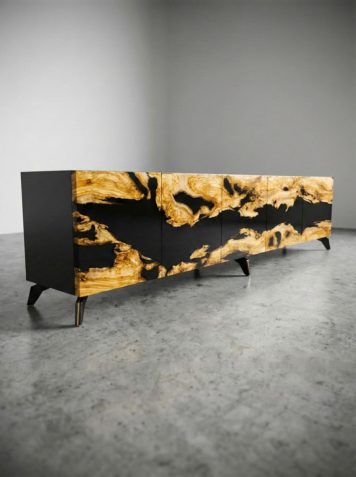Resina Credenza personalizzata in Wood Oliver con resina epossidica nera, credenza artigianale in legno di lusso in vendita