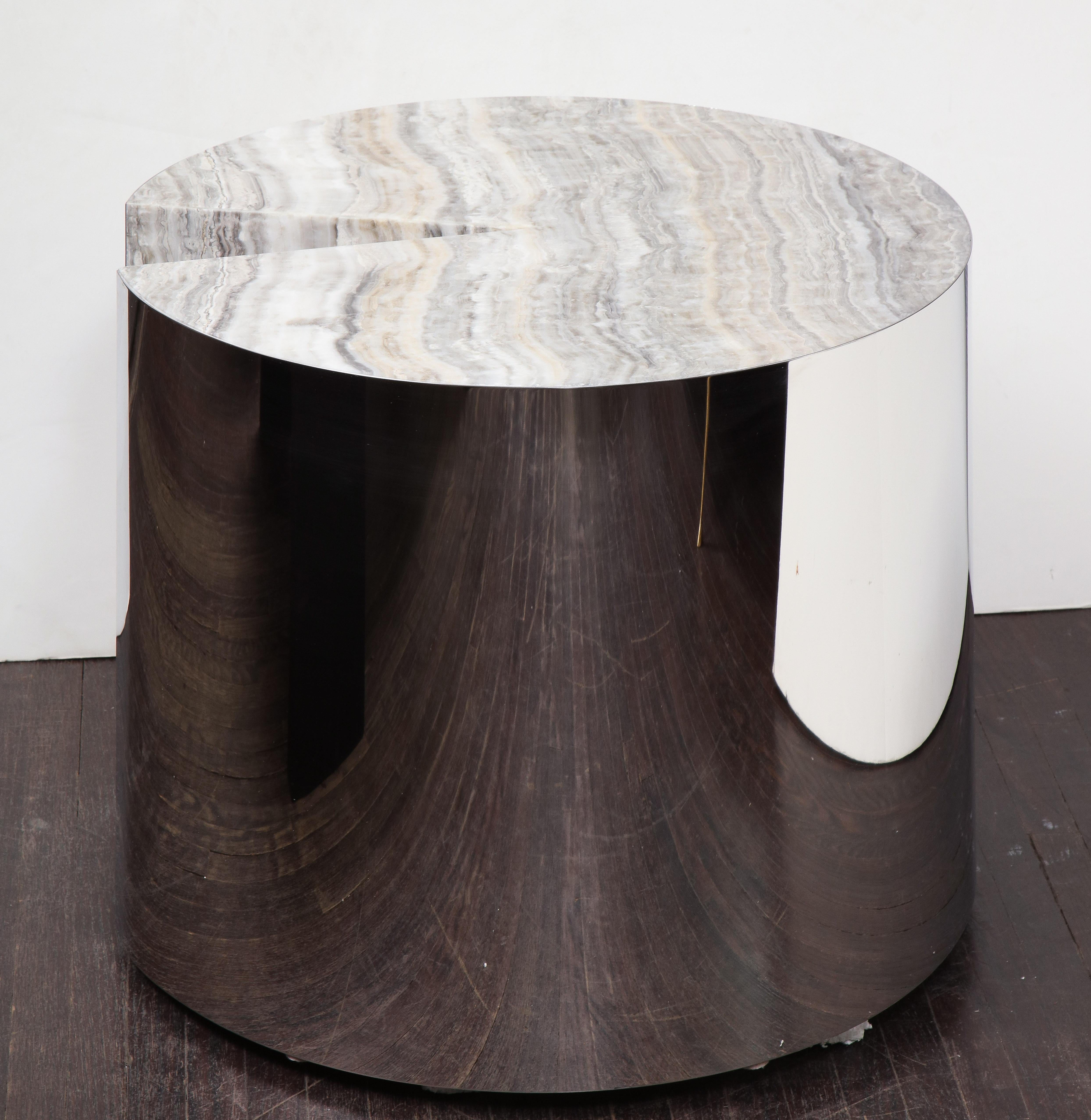 Custom onyx and wrapped stainless steel side table is available for order. Customizations are available for different finishes, dimensions, and stone (price may vary depending on the type of stone).