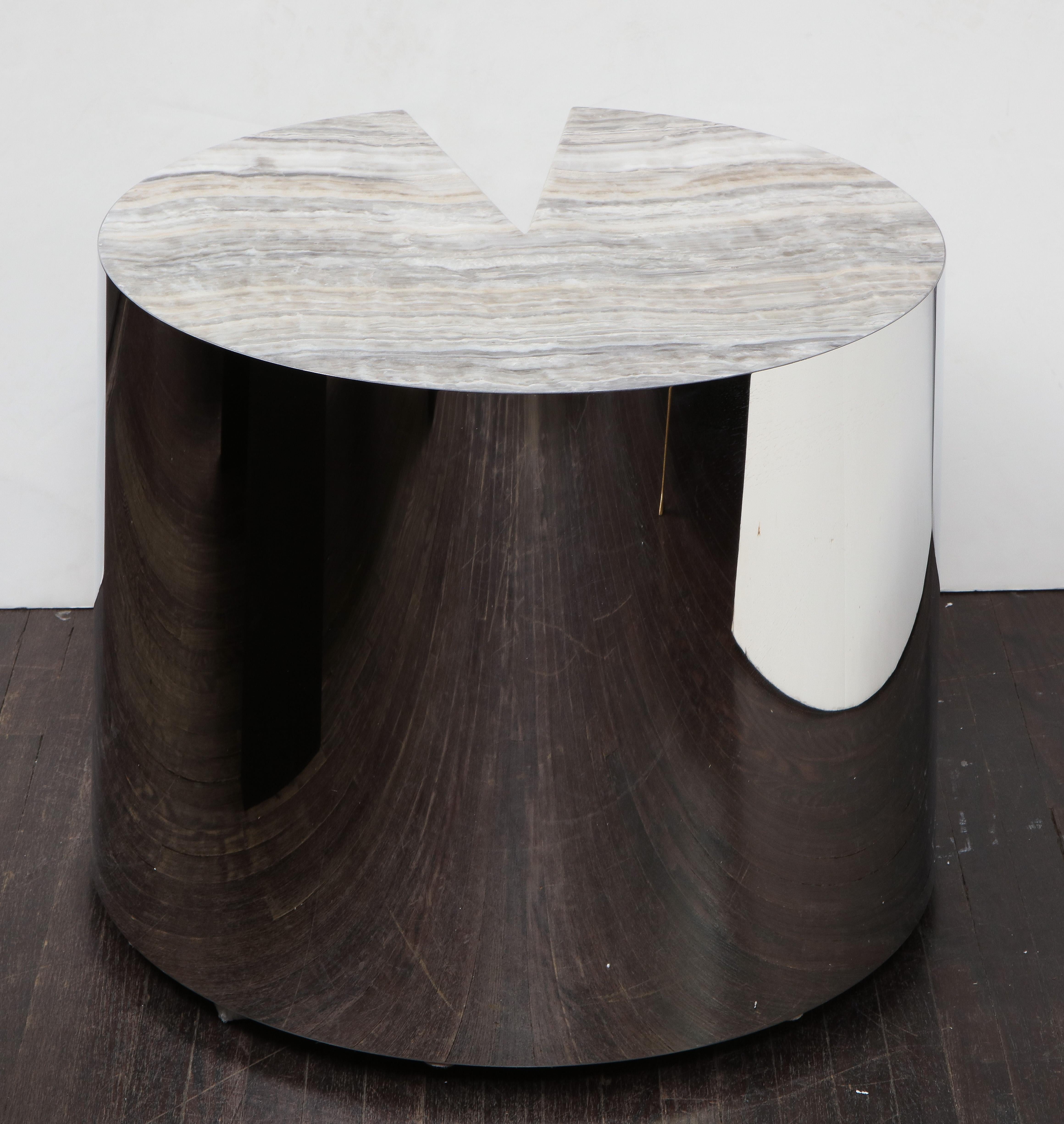 Modern Custom Onyx and Wrapped Stainless Steel Side Table For Sale