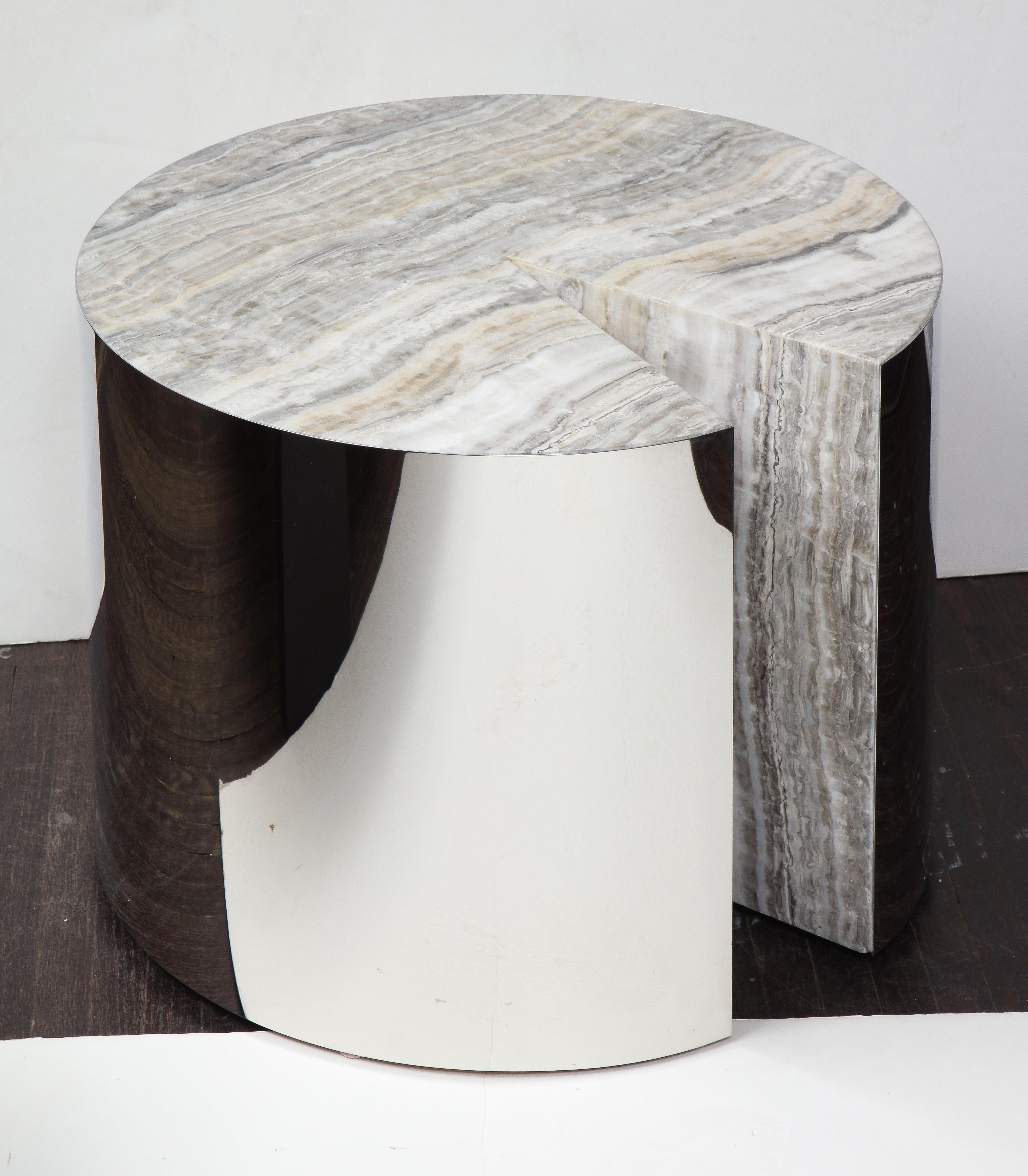 Custom Onyx and Wrapped Stainless Steel Side Table For Sale 1