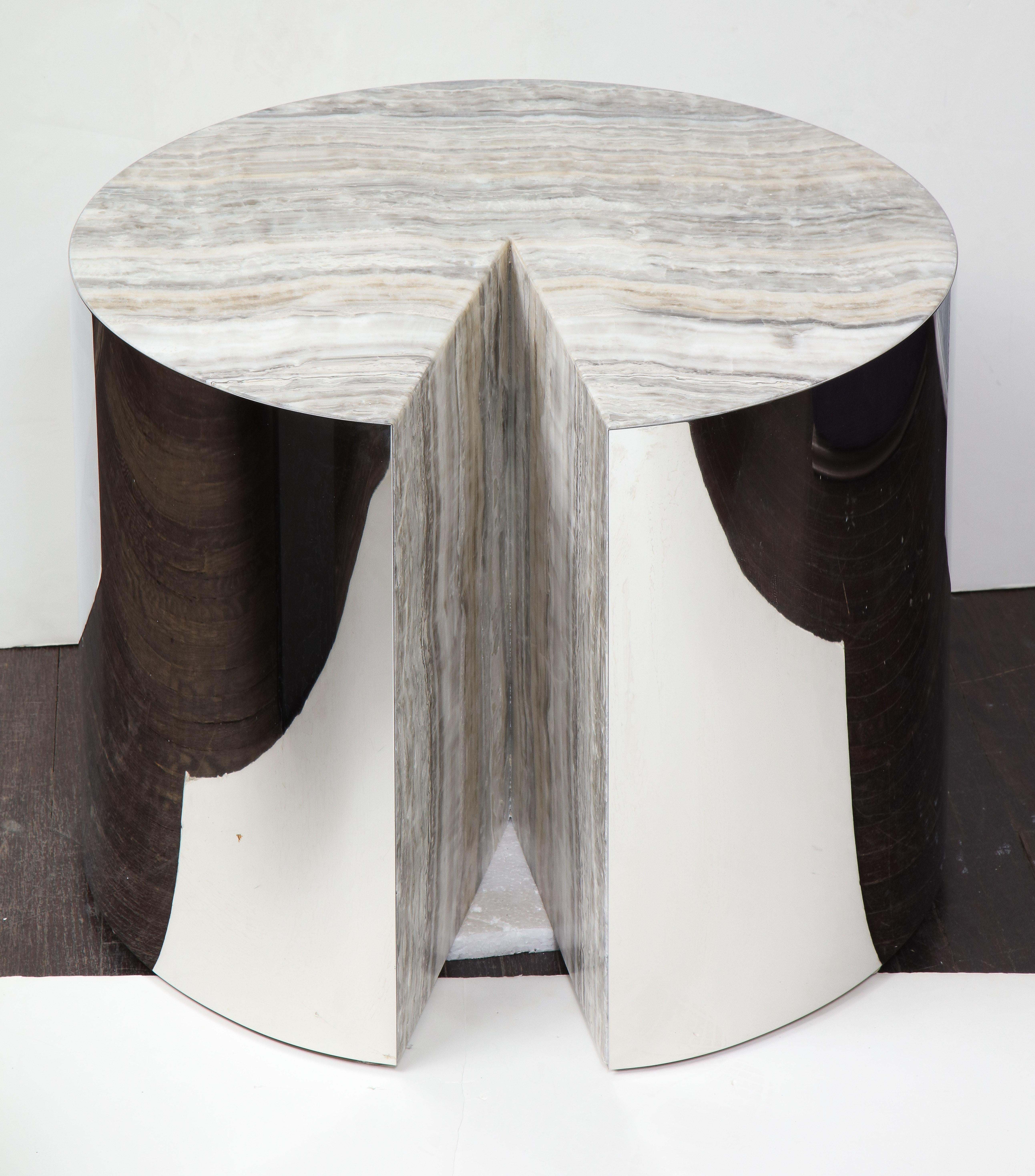 Custom Onyx and Wrapped Stainless Steel Side Table For Sale 2