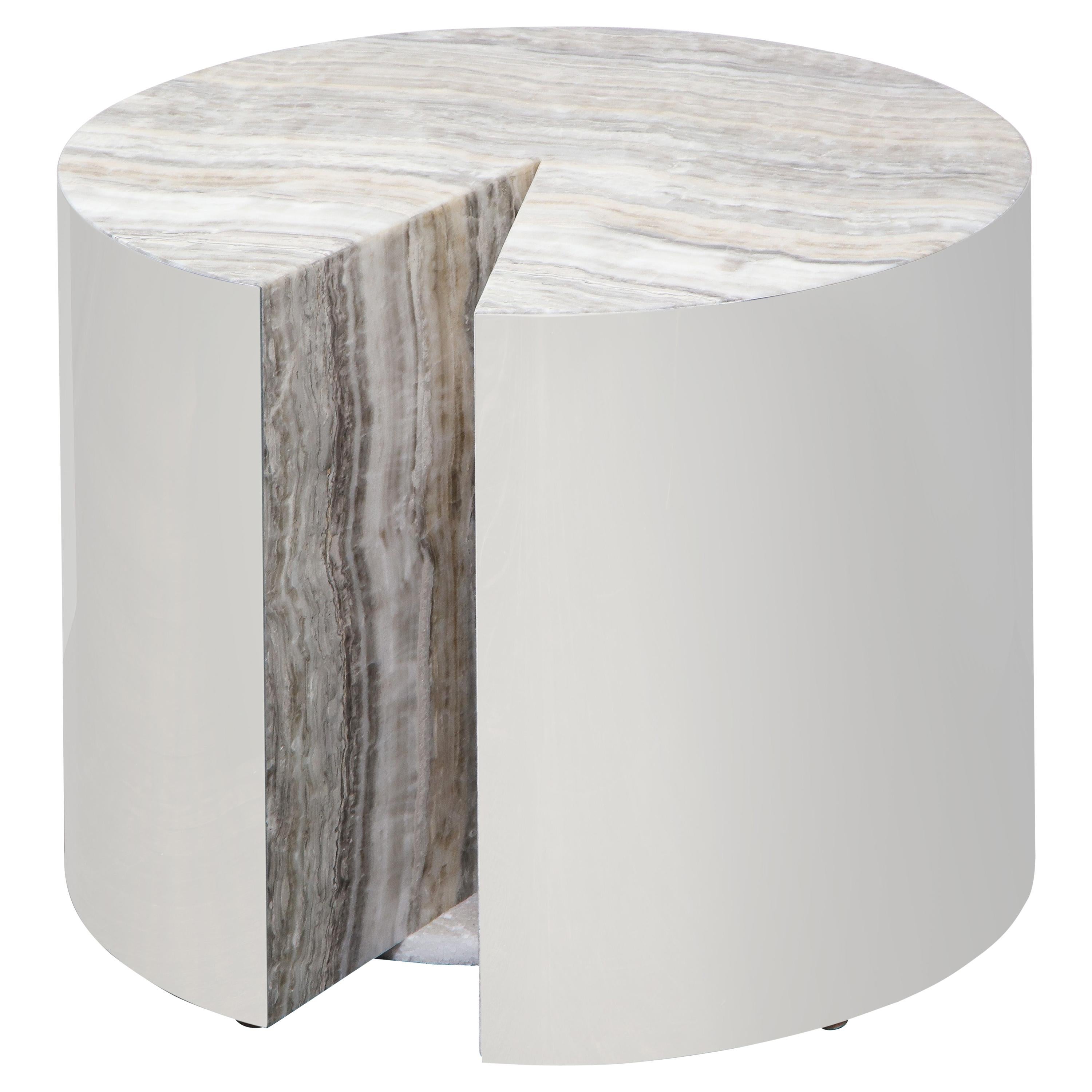 Custom Onyx and Wrapped Stainless Steel Side Table For Sale