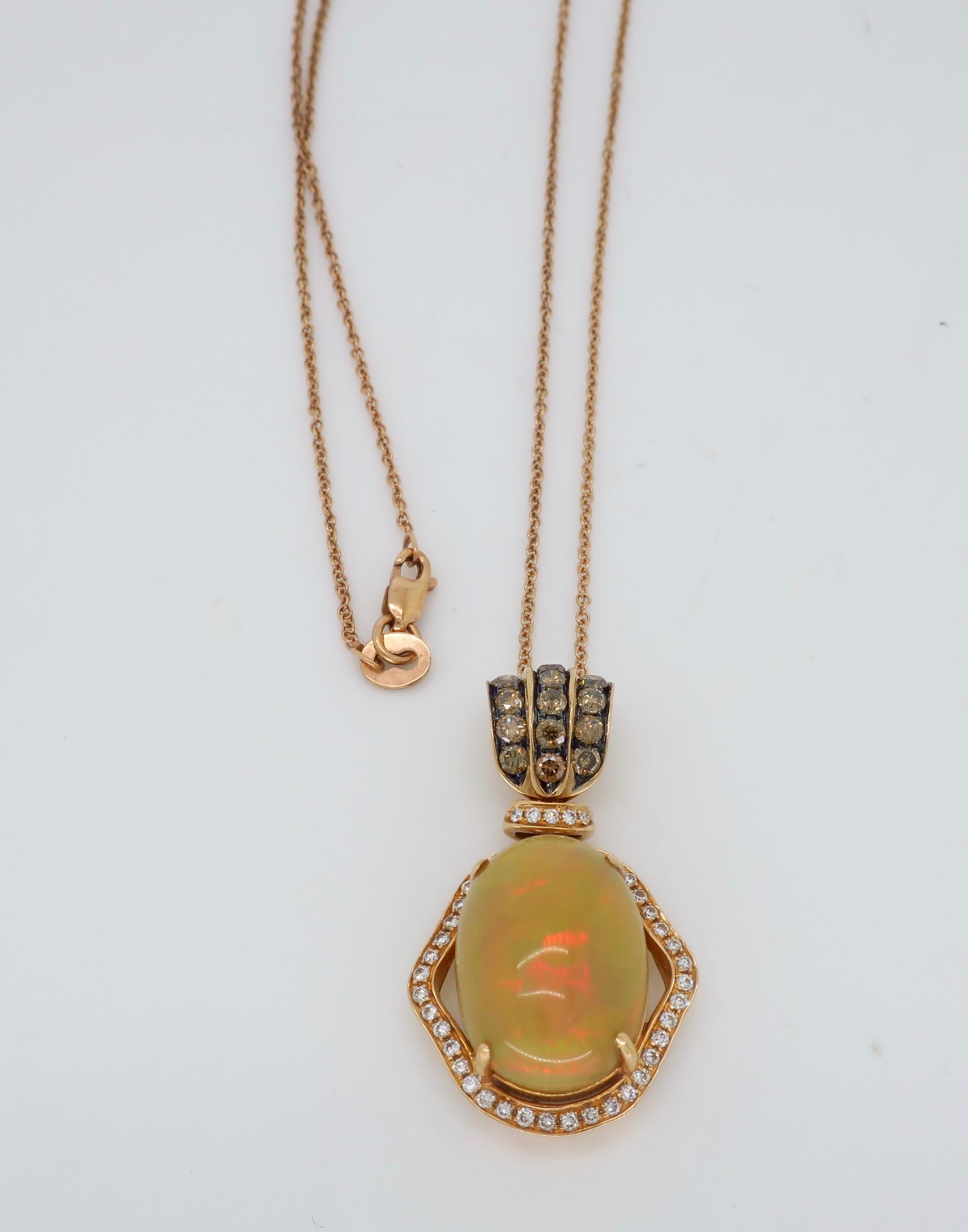 Custom Opal and Diamond Necklace in 18 Karat Rose Gold In Excellent Condition For Sale In Webster, NY