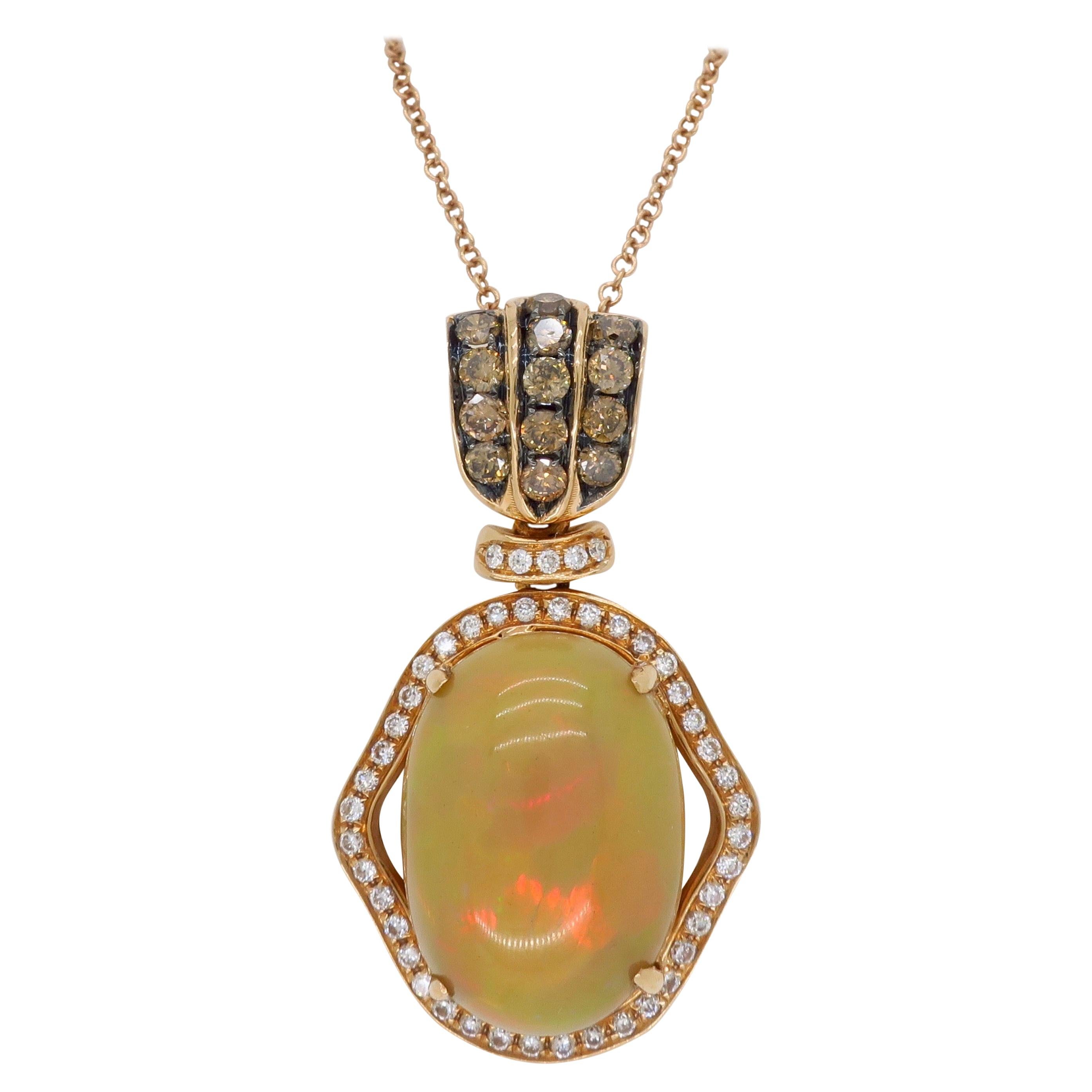 Custom Opal and Diamond Necklace in 18 Karat Rose Gold For Sale