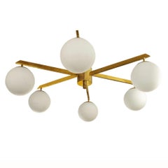 Custom Opaline Glass Globe and Brass 6 Arm Fixture