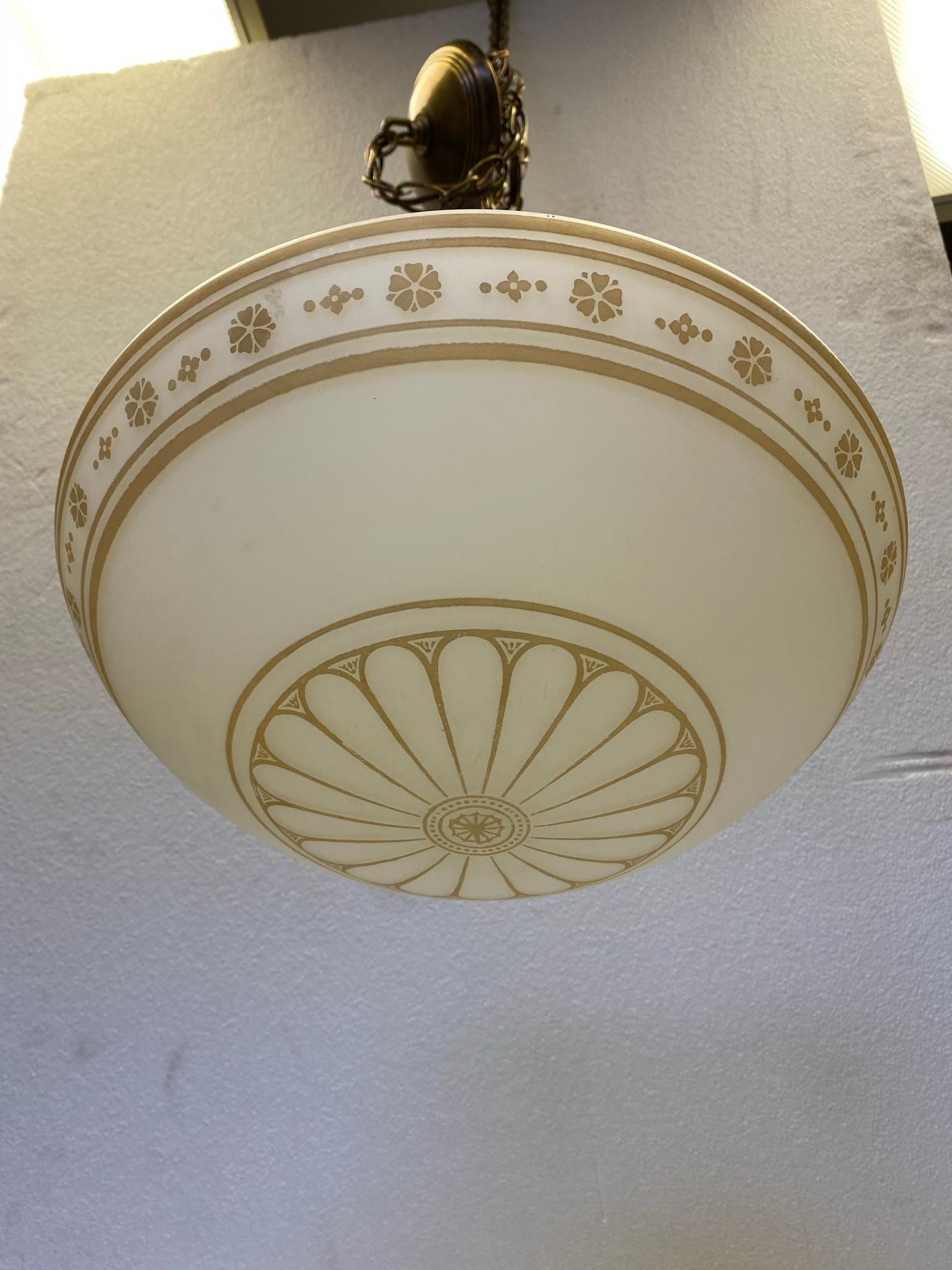 Brass Custom Order 20th C. Mushroom Globe Pendant Light with Gothic Stencil Detailing