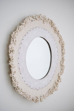 CUSTOM ORDER 30" Round Mirror #773, Woven White Cotton and White Glazed Ceramic