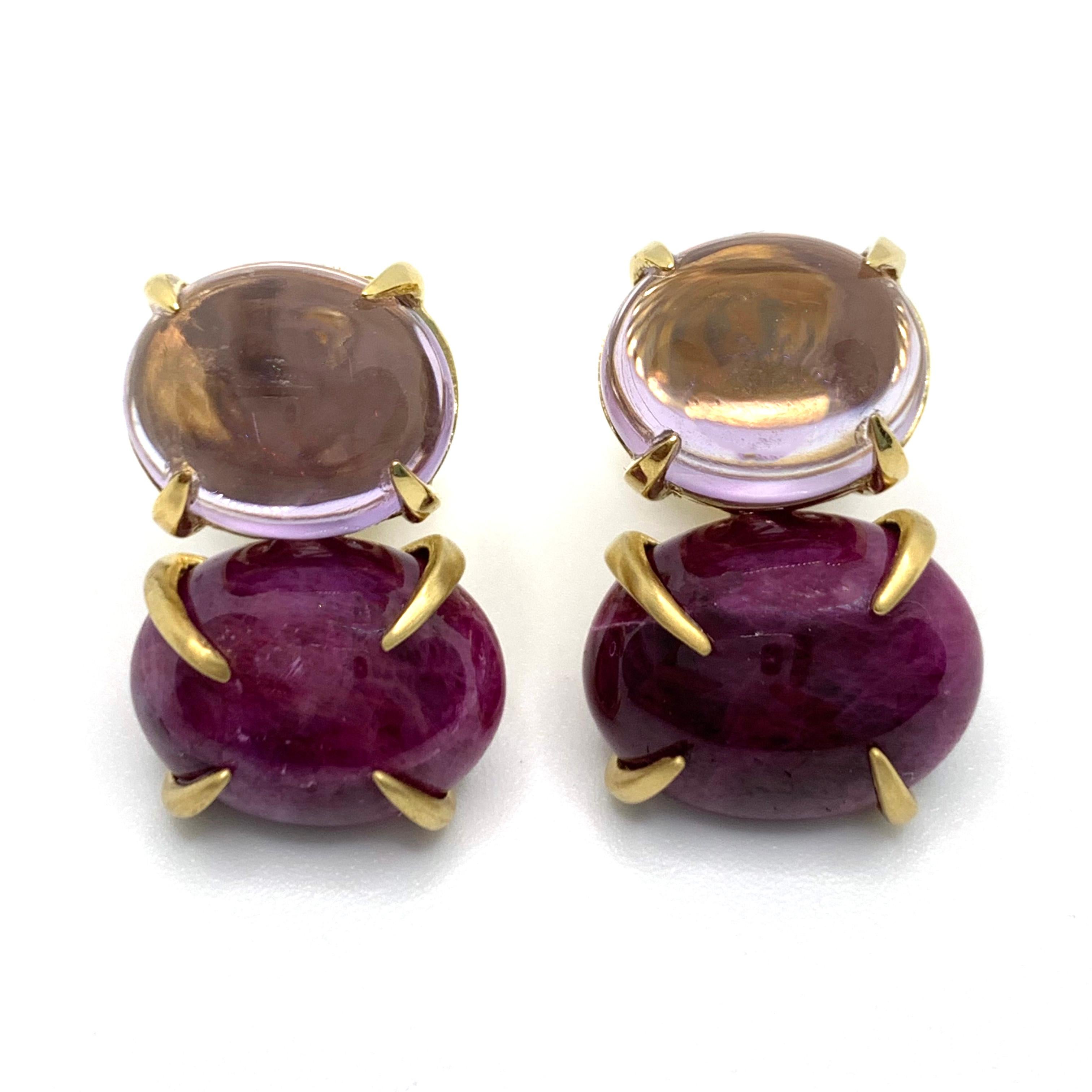 Stunning Bijoux Num Double Oval Cabochon-cut Amethyst and Ruby Vermeil Earrings. 

The earrings feature a pair of beautiful oval cabochon-cut Brazilian amethyst (very clear) and a pair of oval cabochon-cut African ruby, handset in 18k gold vermeil