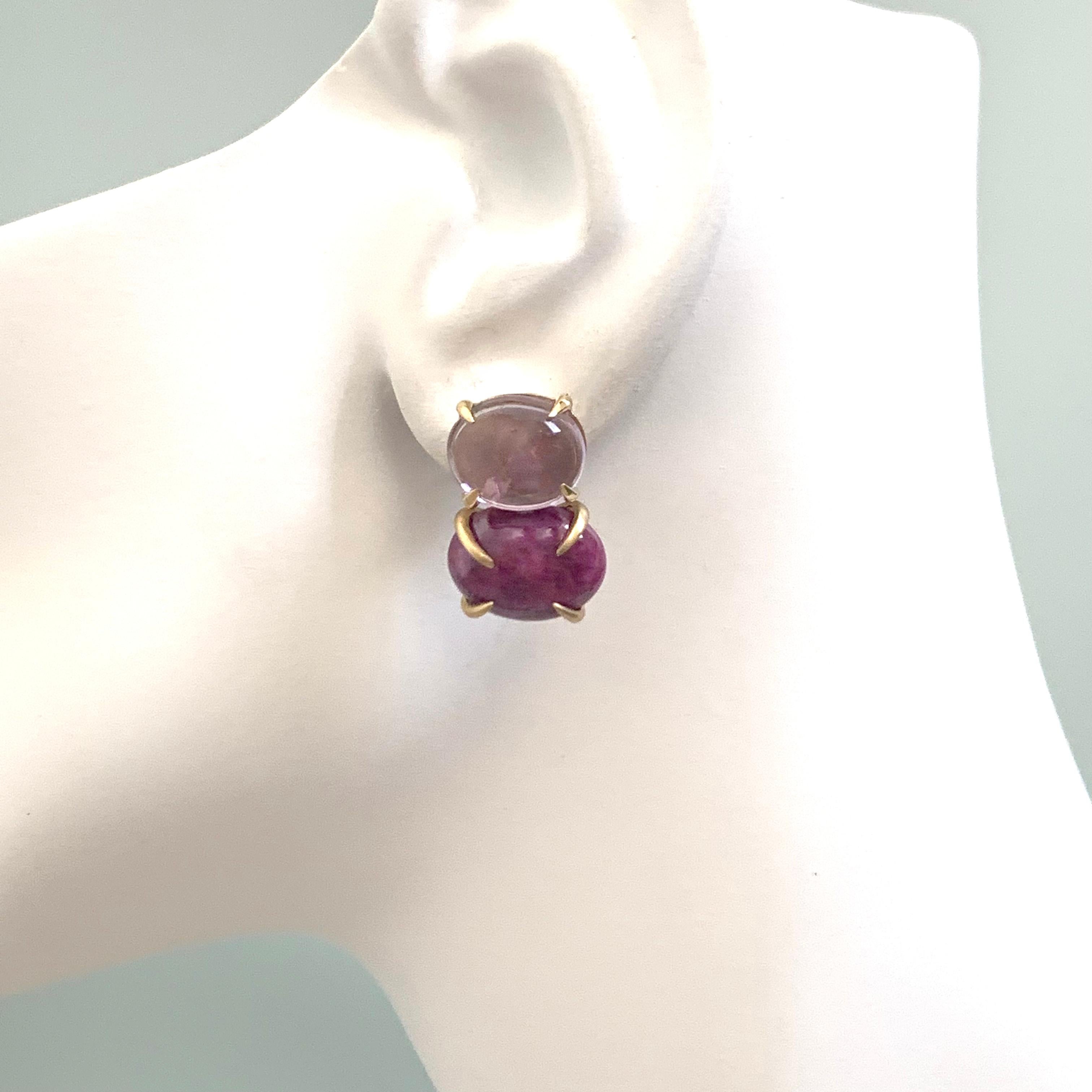 Contemporary Double Oval Cabochon Amethyst and Ruby Earrings For Sale