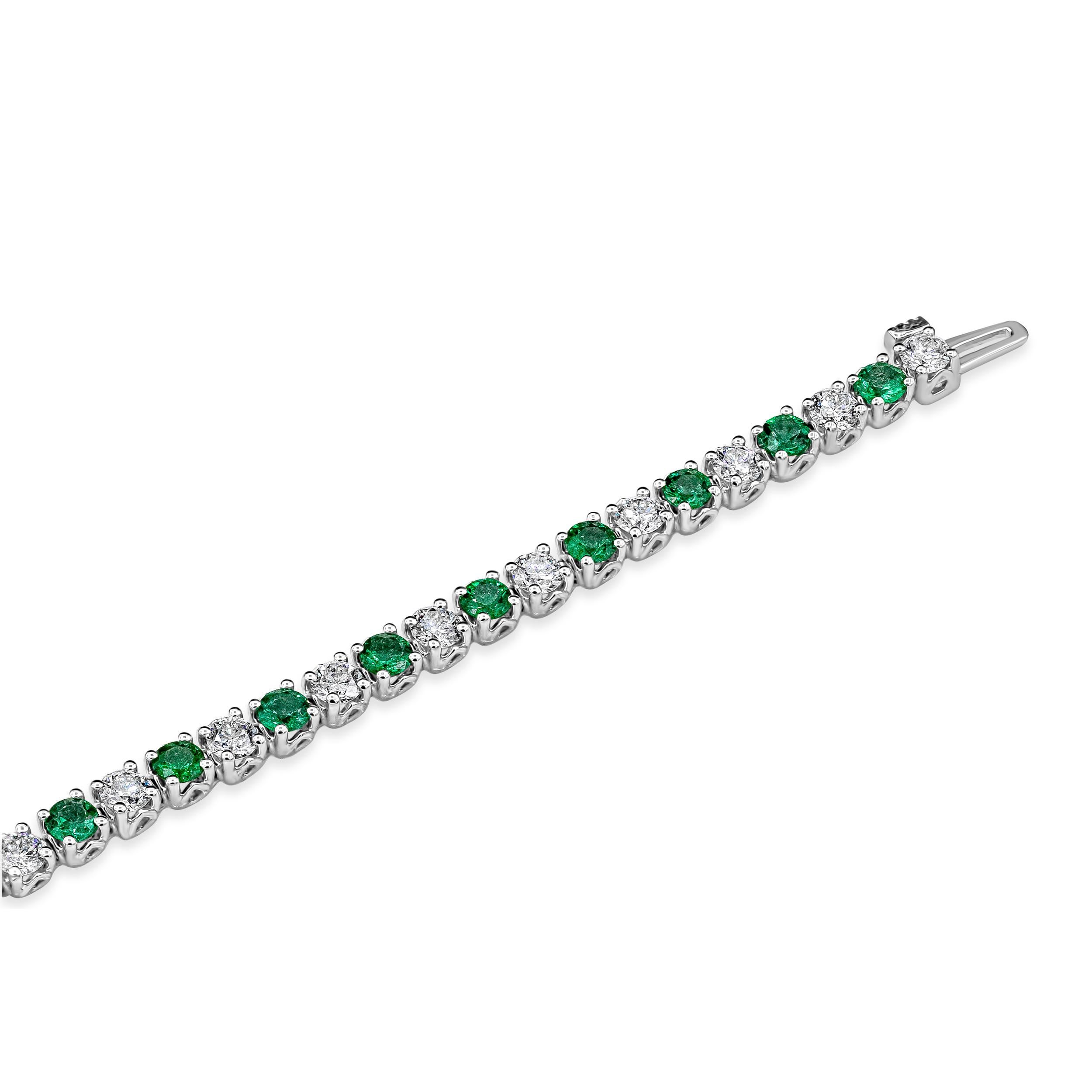 Custom Order: Approximately 4 - 5 weeks to handcraft.

Showcasing vibrant green emeralds, elegantly alternating with round brilliant diamonds. Made in 14 karat yellow gold. Diamonds and emeralds will weigh approximately 5.50 - 6.00 carats