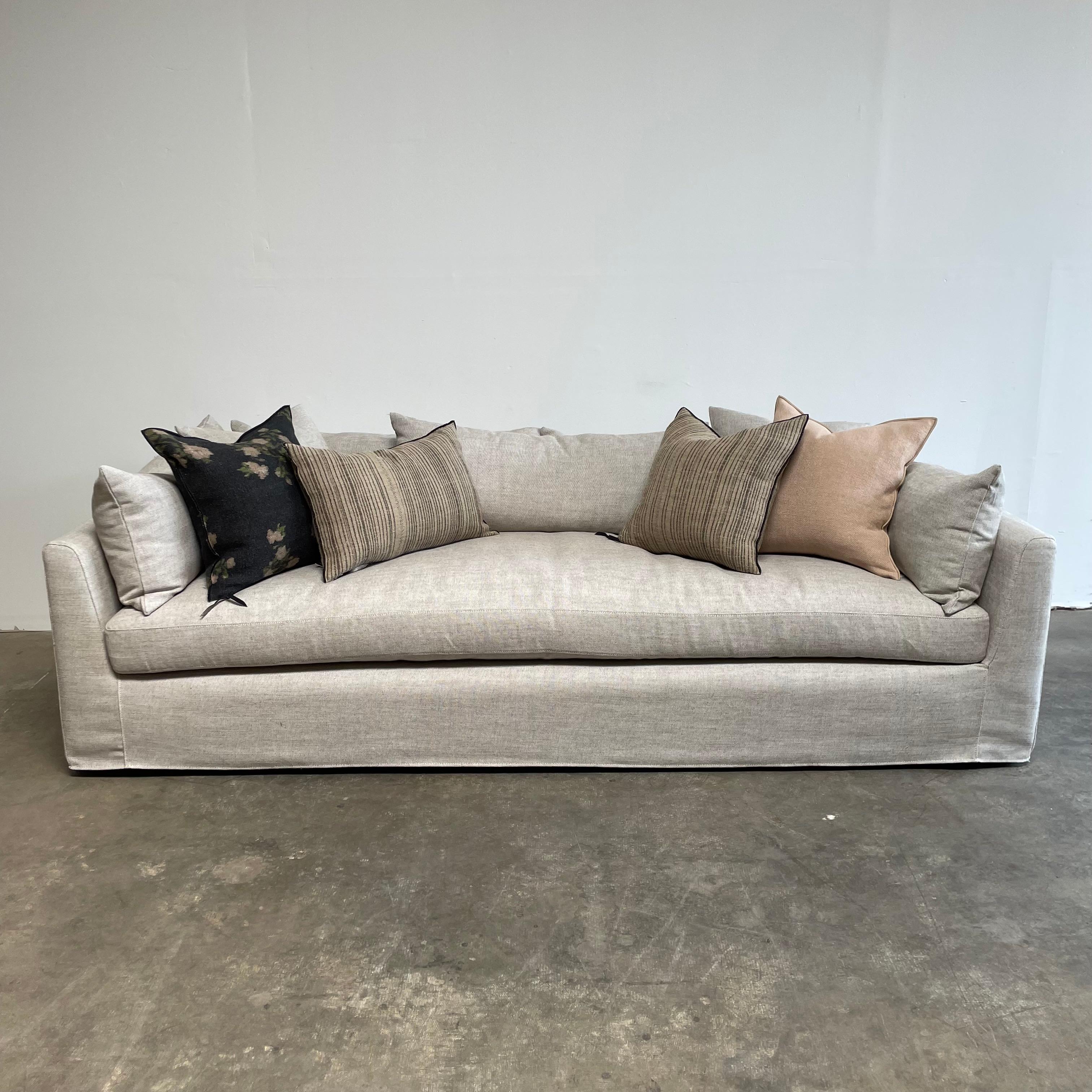 Asian Custom Order for Isaac White Linen Slip Covered Sofa with Down Cushions