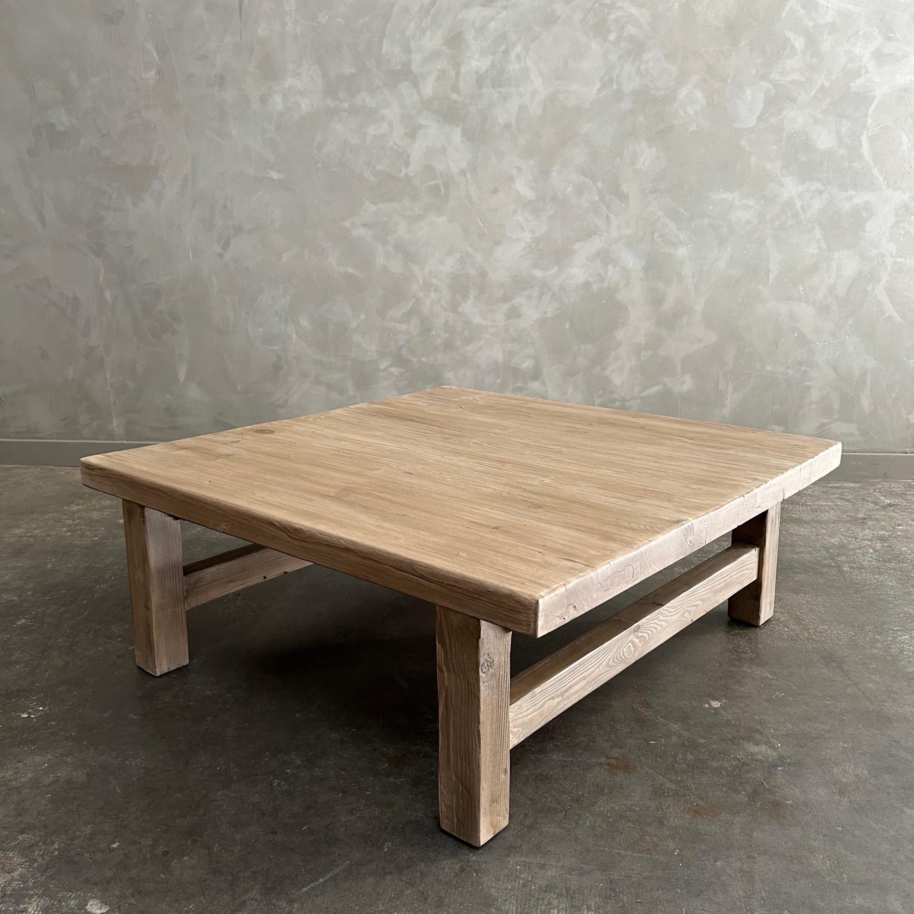 Our Keya Style custom made to order dining table.
Legs will be out as much as possible to edge / corners
Size:  60”w x 60”d x 30”h
Finish: Natural Reclaimed Elm / Wax
Lead time estimated at Dec/Jan. We can only estimate the lead delivery time, in