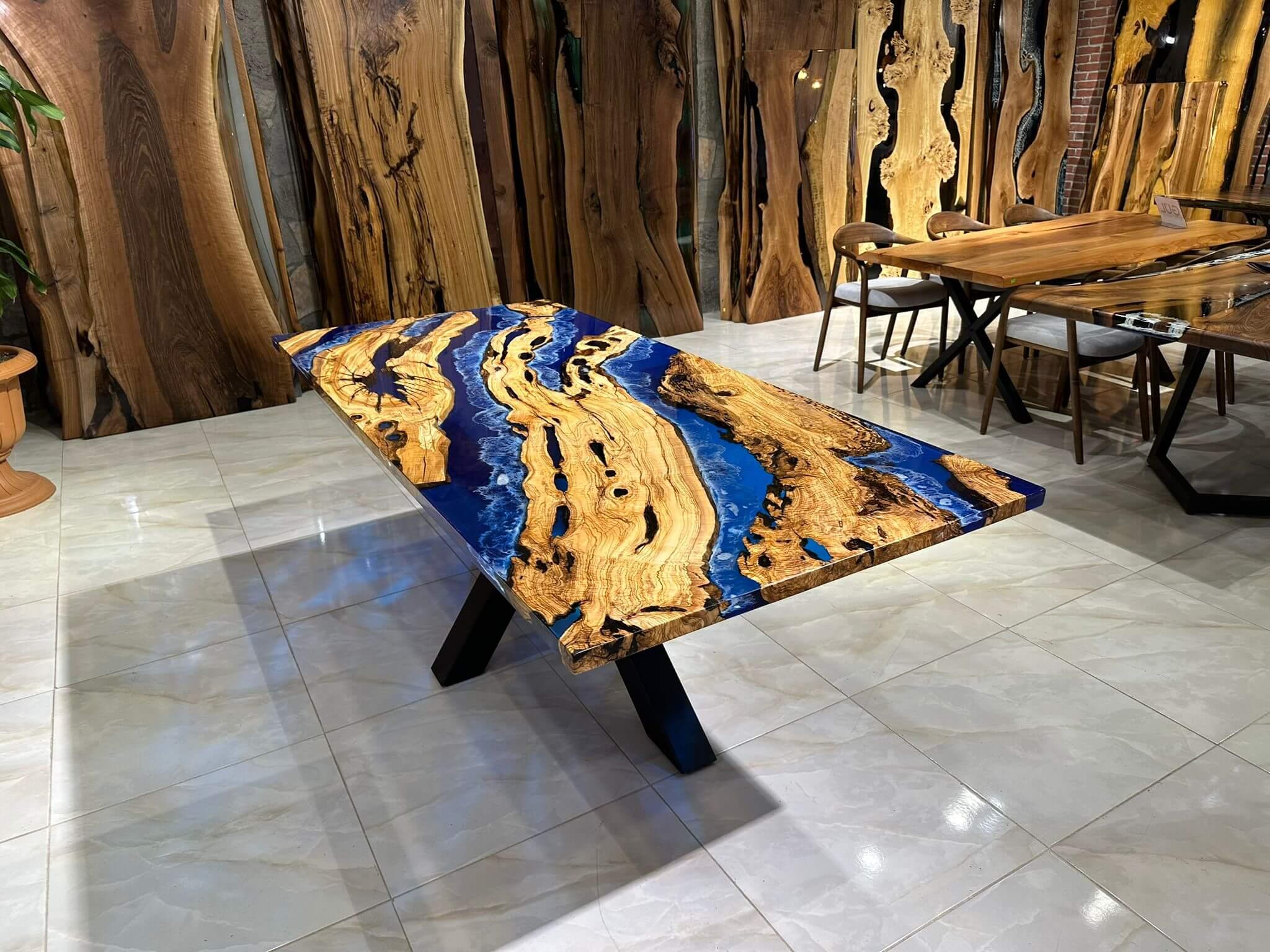 Varnished Custom Order Handmade Live Edge Blue Ocean Epoxy Resin Dining Table For Sale