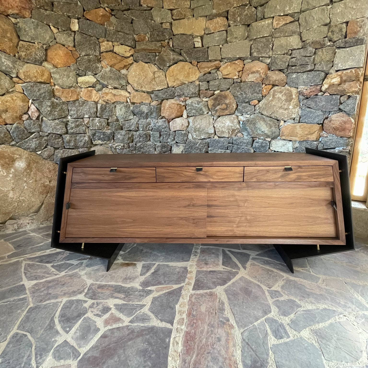 Custom Order Modern Floating Credenza Walnut Bronze & Leather AMBIANIC 2022 For Sale