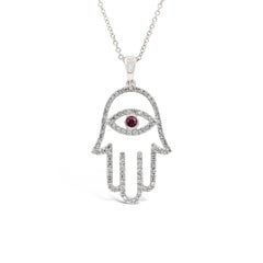 Custom Order: Open-Work Diamond and Garnet Hamsa Hand Pendant Necklace