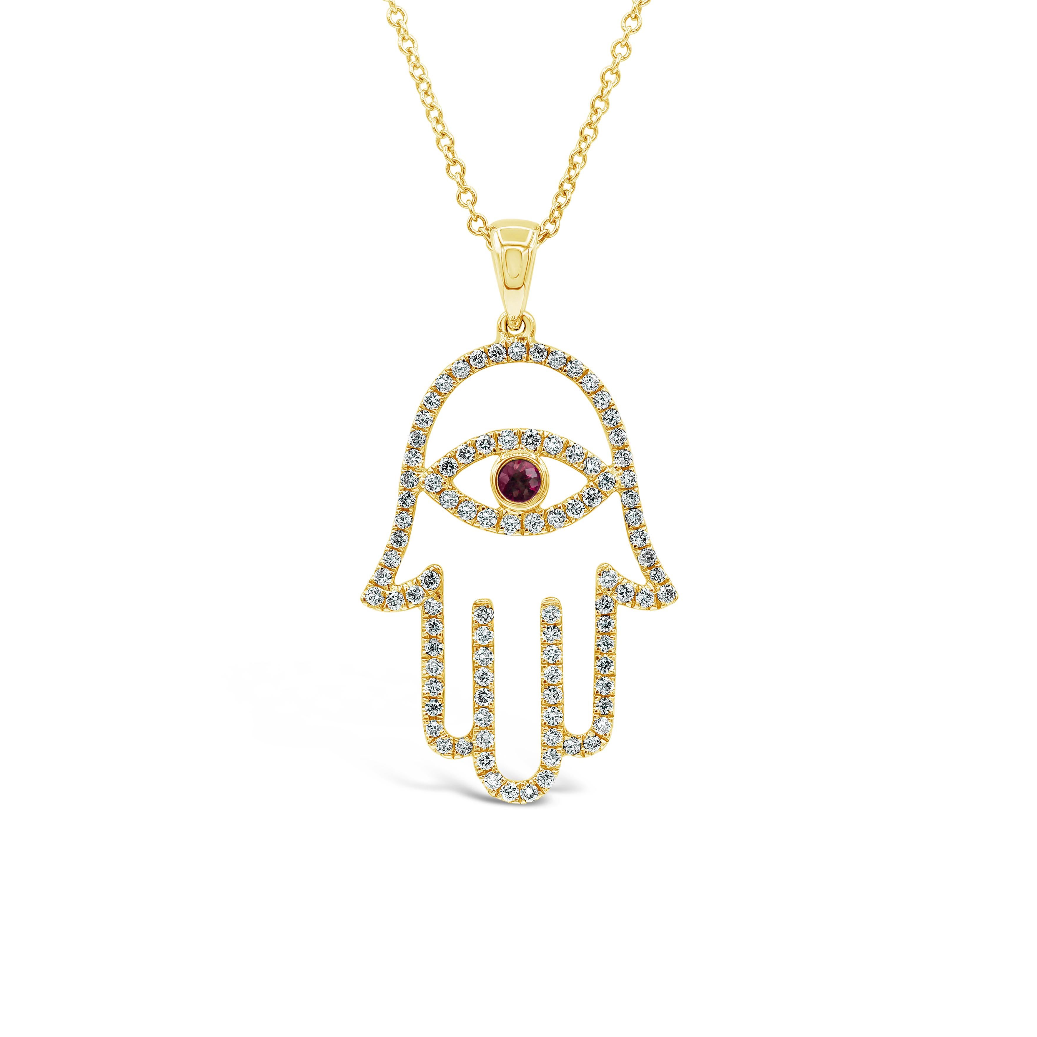 Custom Order: Open-Work Diamond and Garnet Hamsa Hand Pendant Necklace For Sale