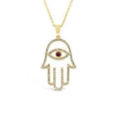 Custom Order: Open-Work Diamond and Garnet Hamsa Hand Pendant Necklace