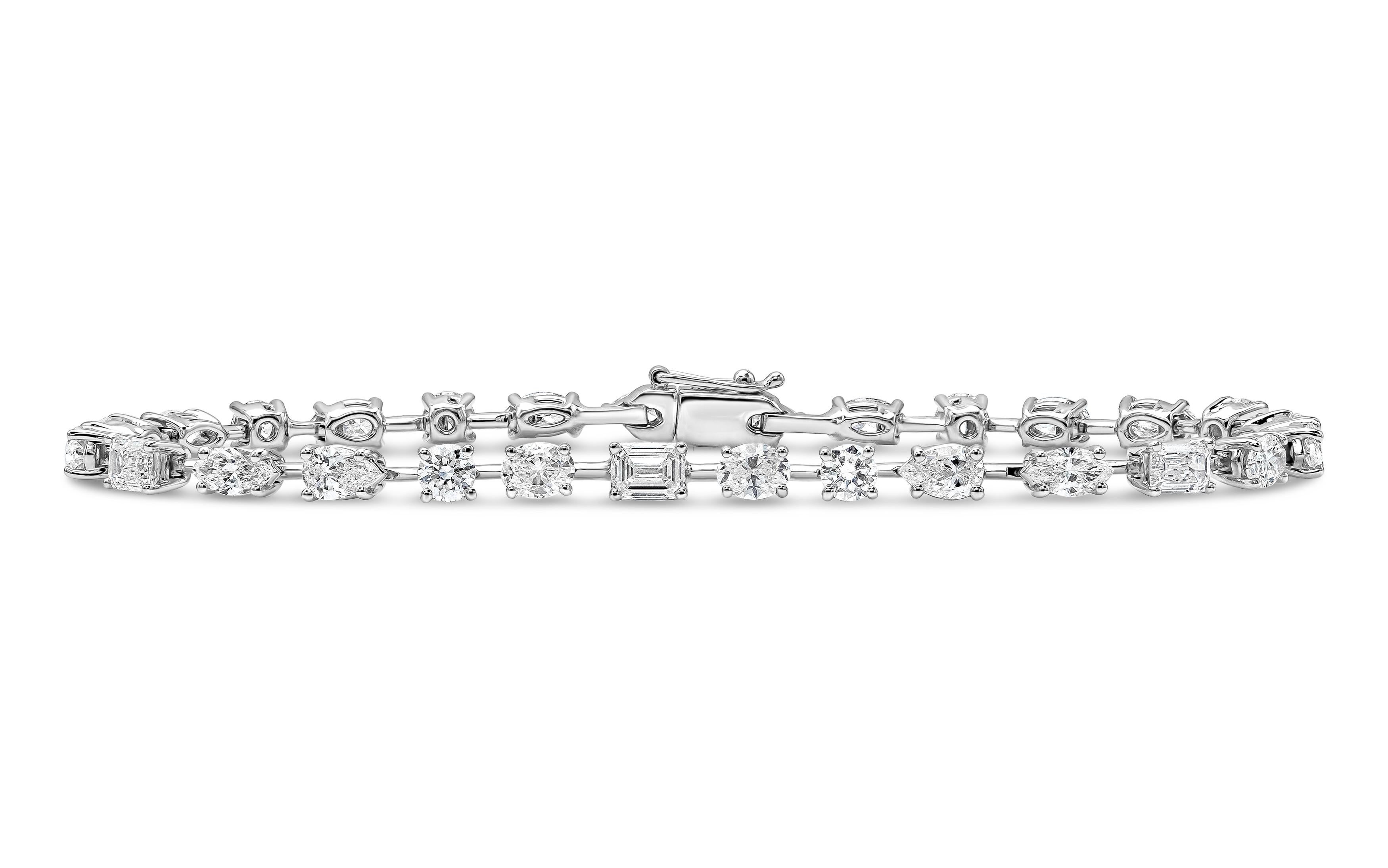 Custom Order: 3-4 Weeks to handcraft. 

Showcasing a row of different shape diamonds, set in a tennis bracelet style. Diamonds weigh approximately 5.50 carats total. Made in 18k white gold. Seven inches in length. 

Customizable, length, size, and