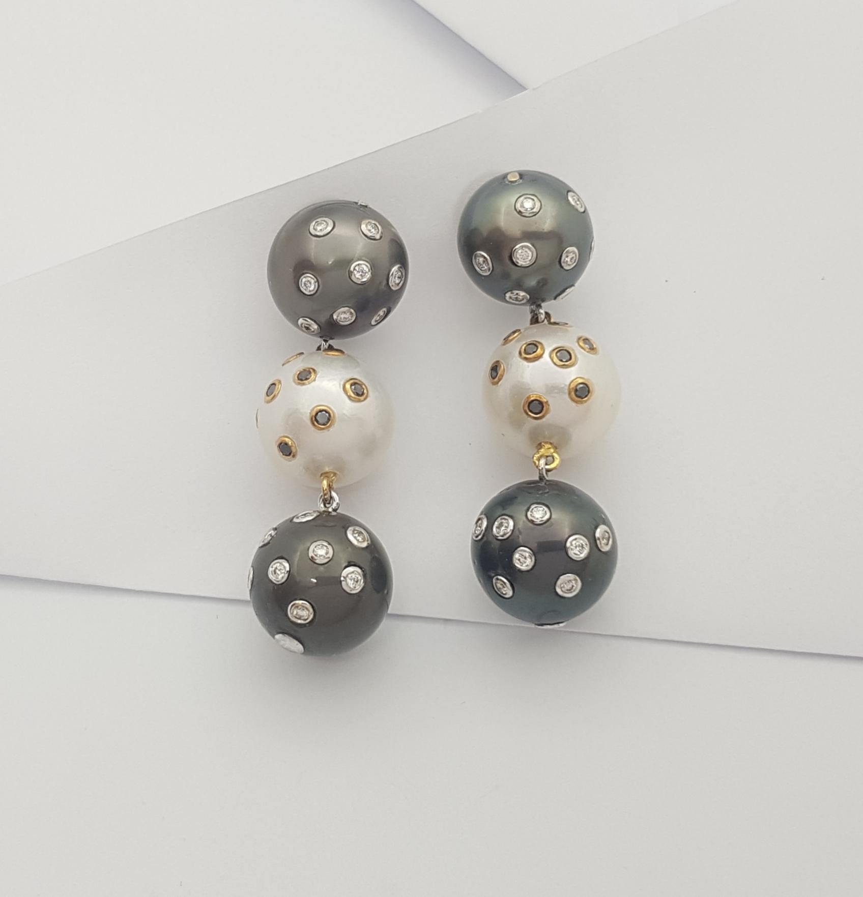 Encargo - Pendientes de Perla del Mar del Sur, Diamante y Diamante Negro en Oro de 18k Corte brillante en venta