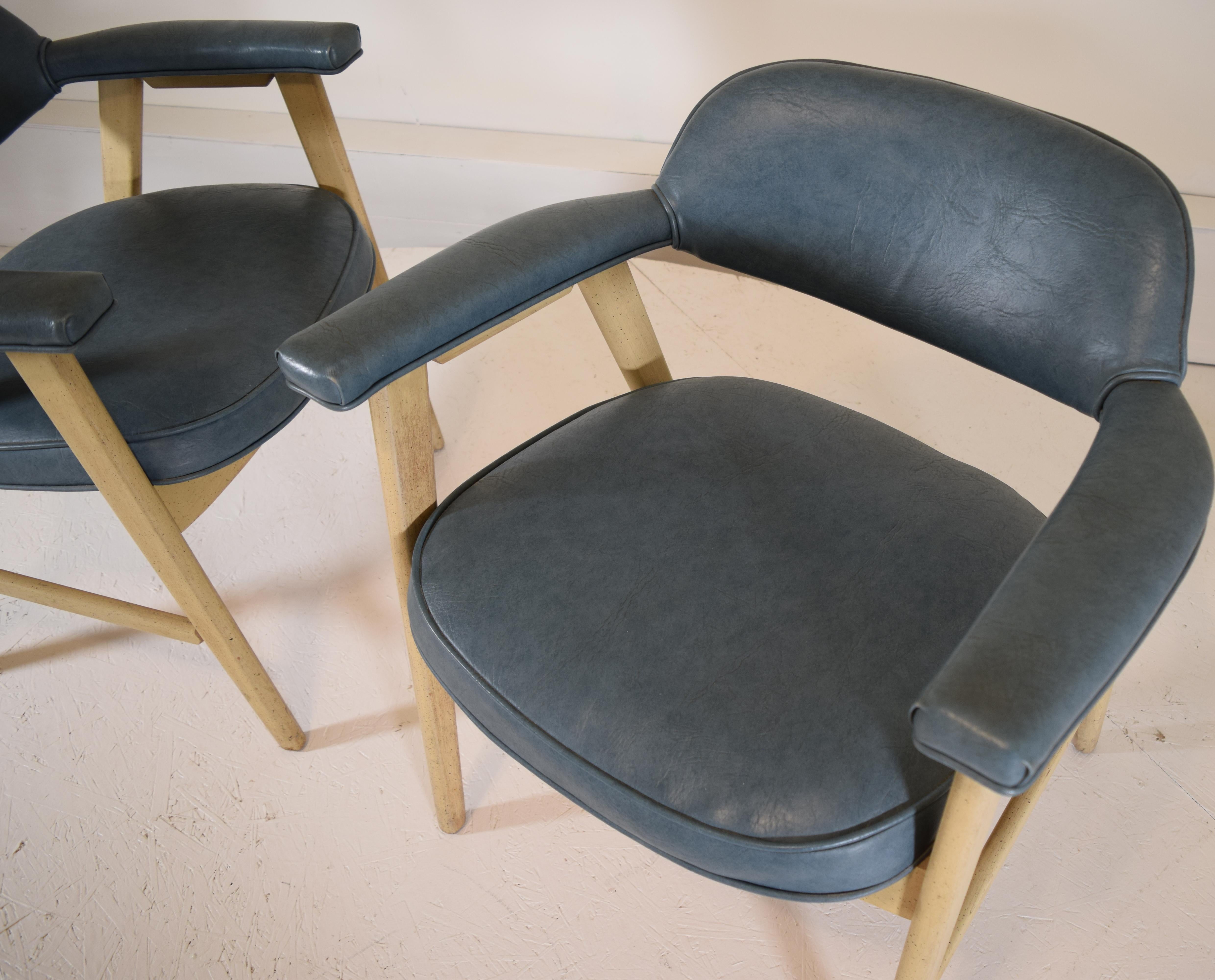 1976, Paoli Chair Company Indiana. Custom produced armchairs for a client in Charleston, WV. Cerused oak with a peppered or splatter black finish. Vinyl or Naugahyde is in excellent condition with no fading or wear, the only blemish being a tear