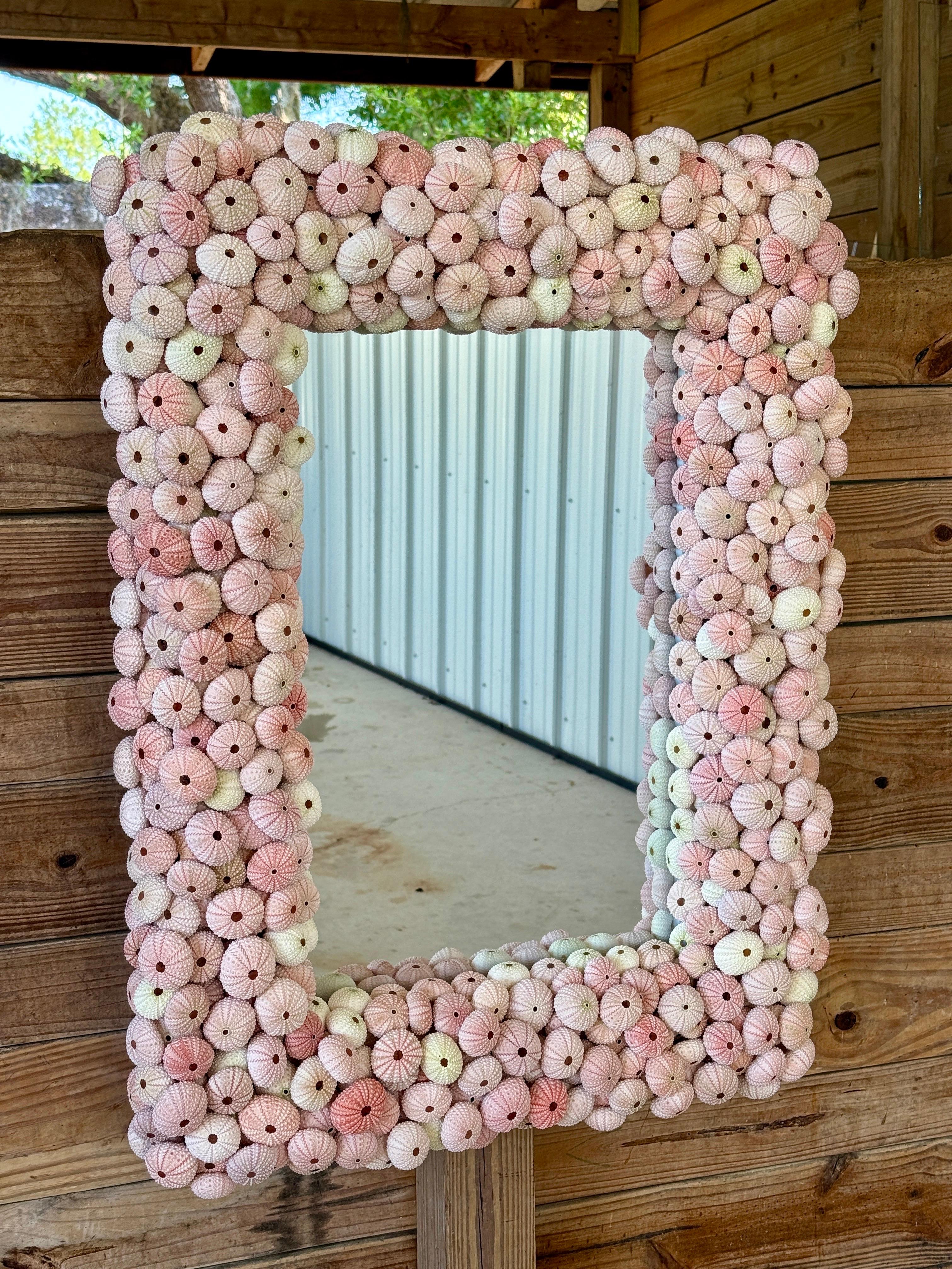 Custom Organic Coastal Wall Mirror With Varying Pink Sea Urchins 8
