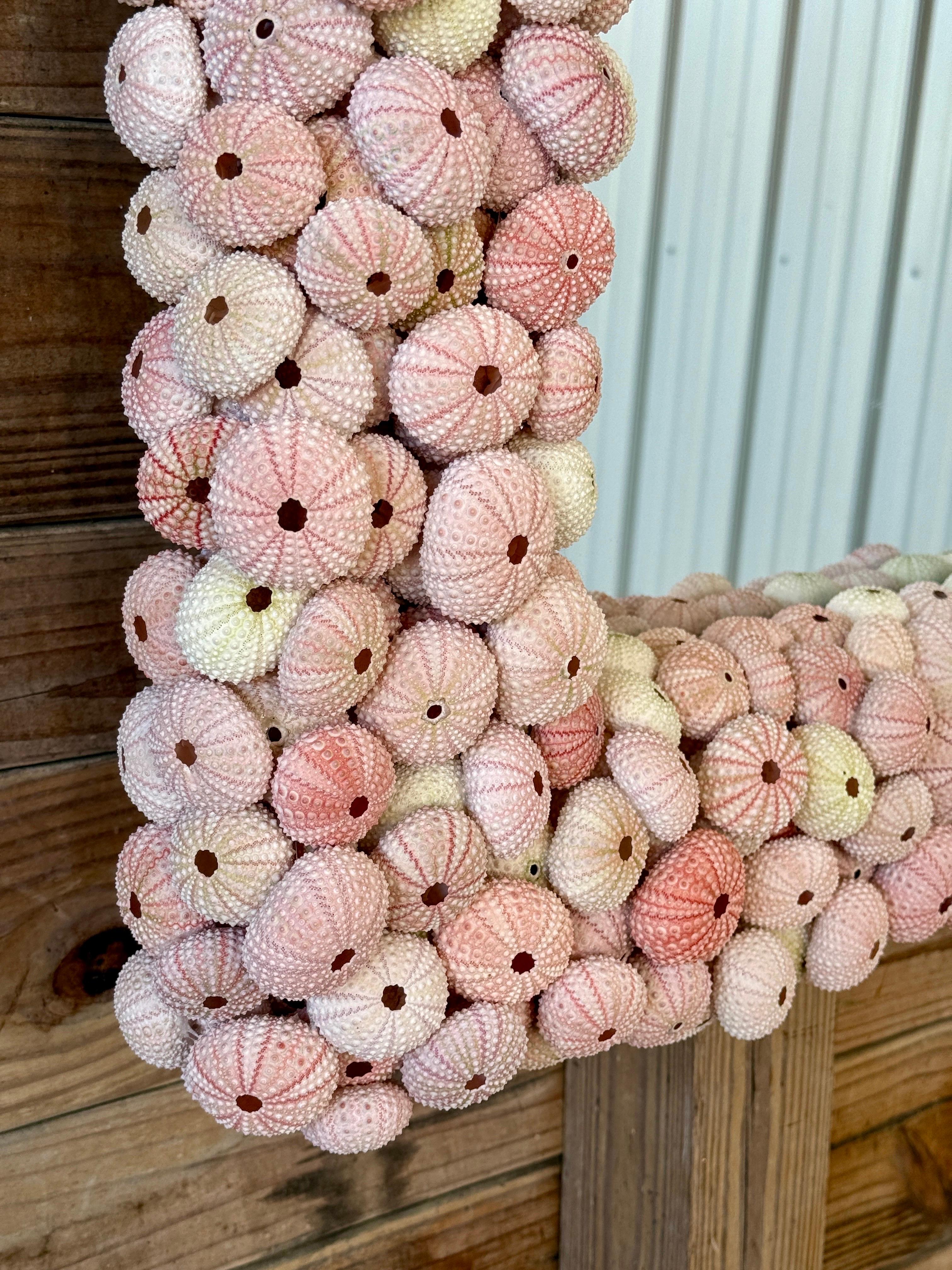 Hand-Crafted Custom Organic Coastal Wall Mirror With Varying Pink Sea Urchins