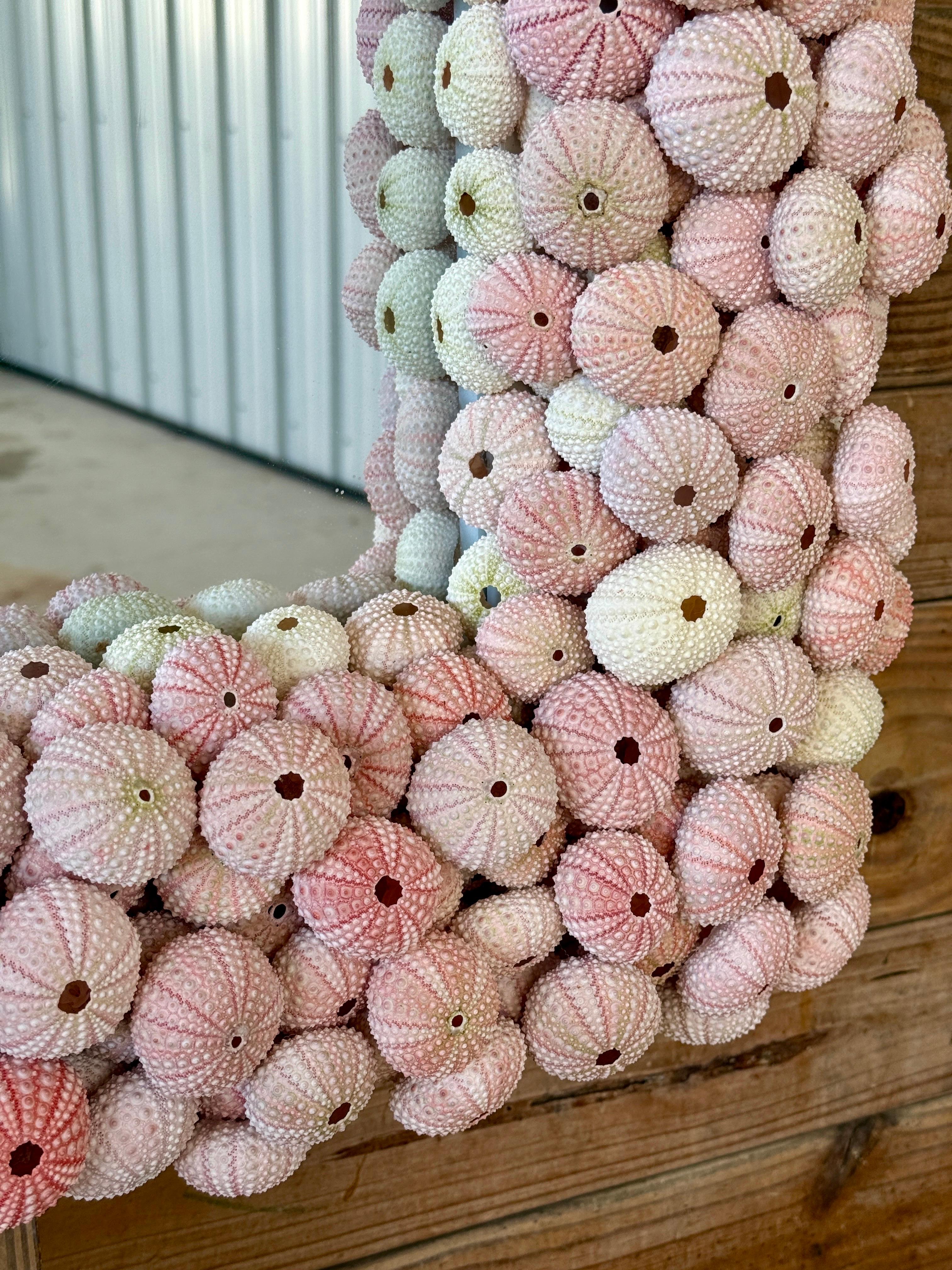 Custom Organic Coastal Wall Mirror With Varying Pink Sea Urchins In New Condition In North Fort Myers, FL