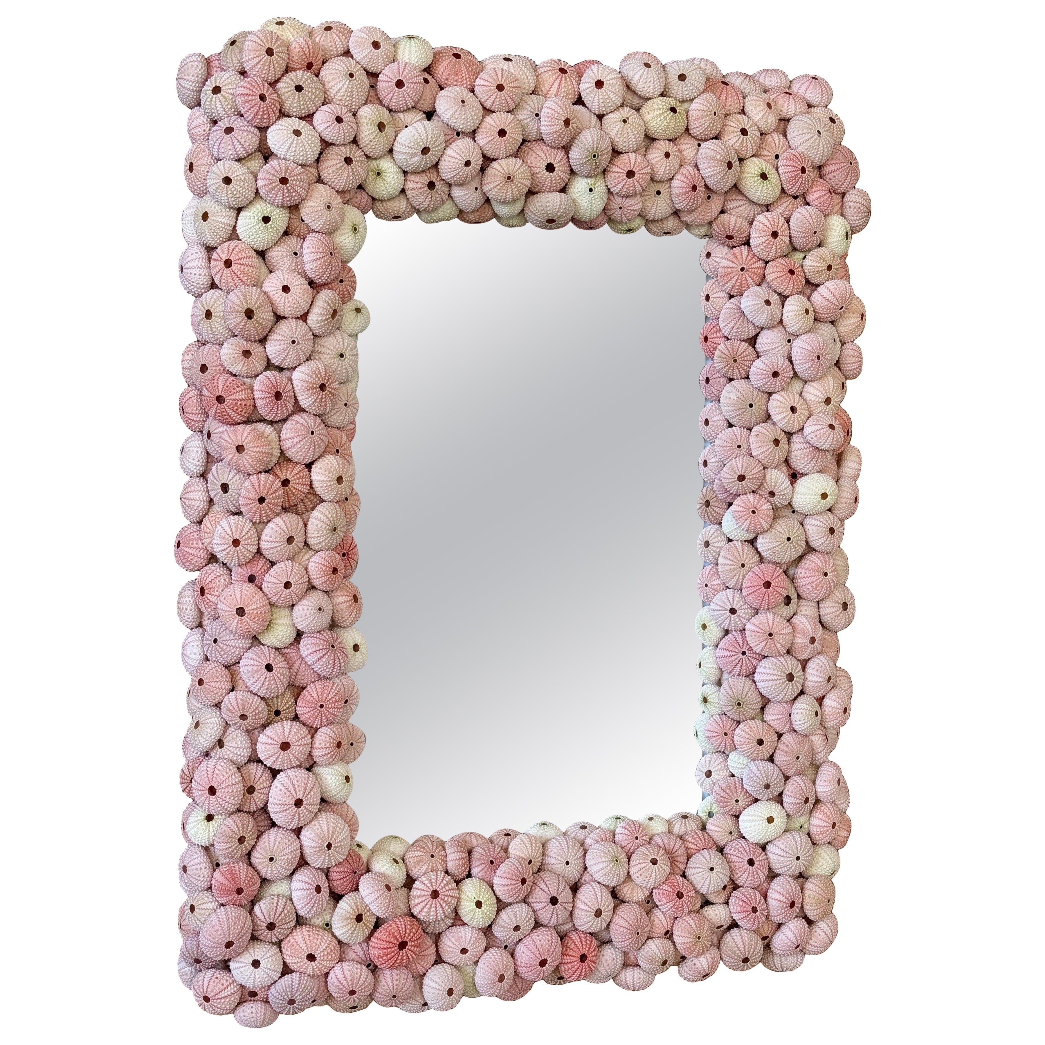 Custom Organic Coastal Wall Mirror With Varying Pink Sea Urchins
