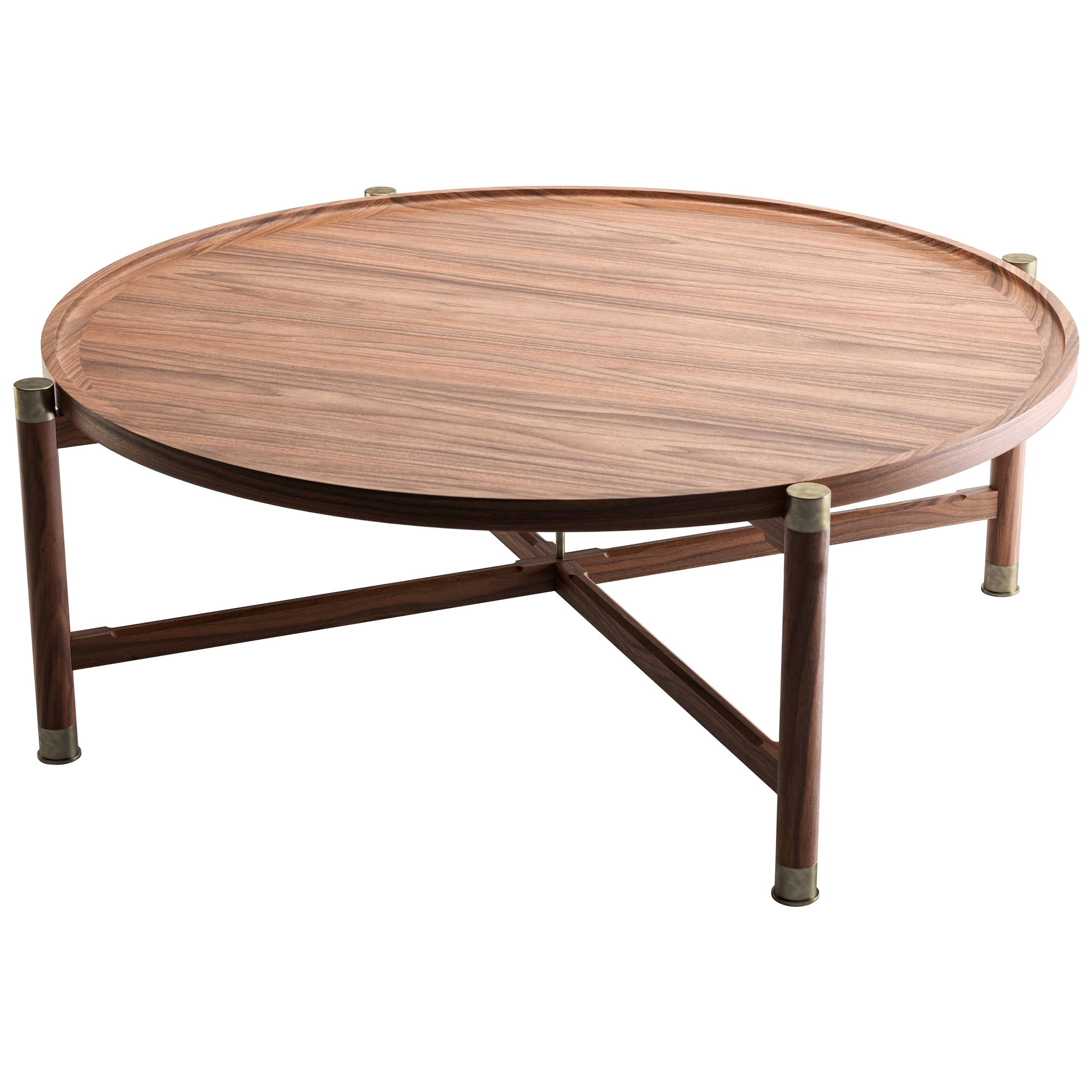 42" Custom, Otto Round Coffee Table in Lt Walnut with Antique Brass Fittings For Sale