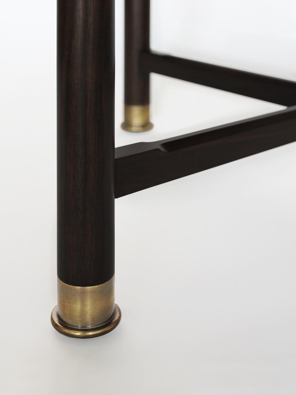 Contemporary Custom Otto Round Side Table in Ebonized Oak w/ Antique Brass Fittings and Stem For Sale