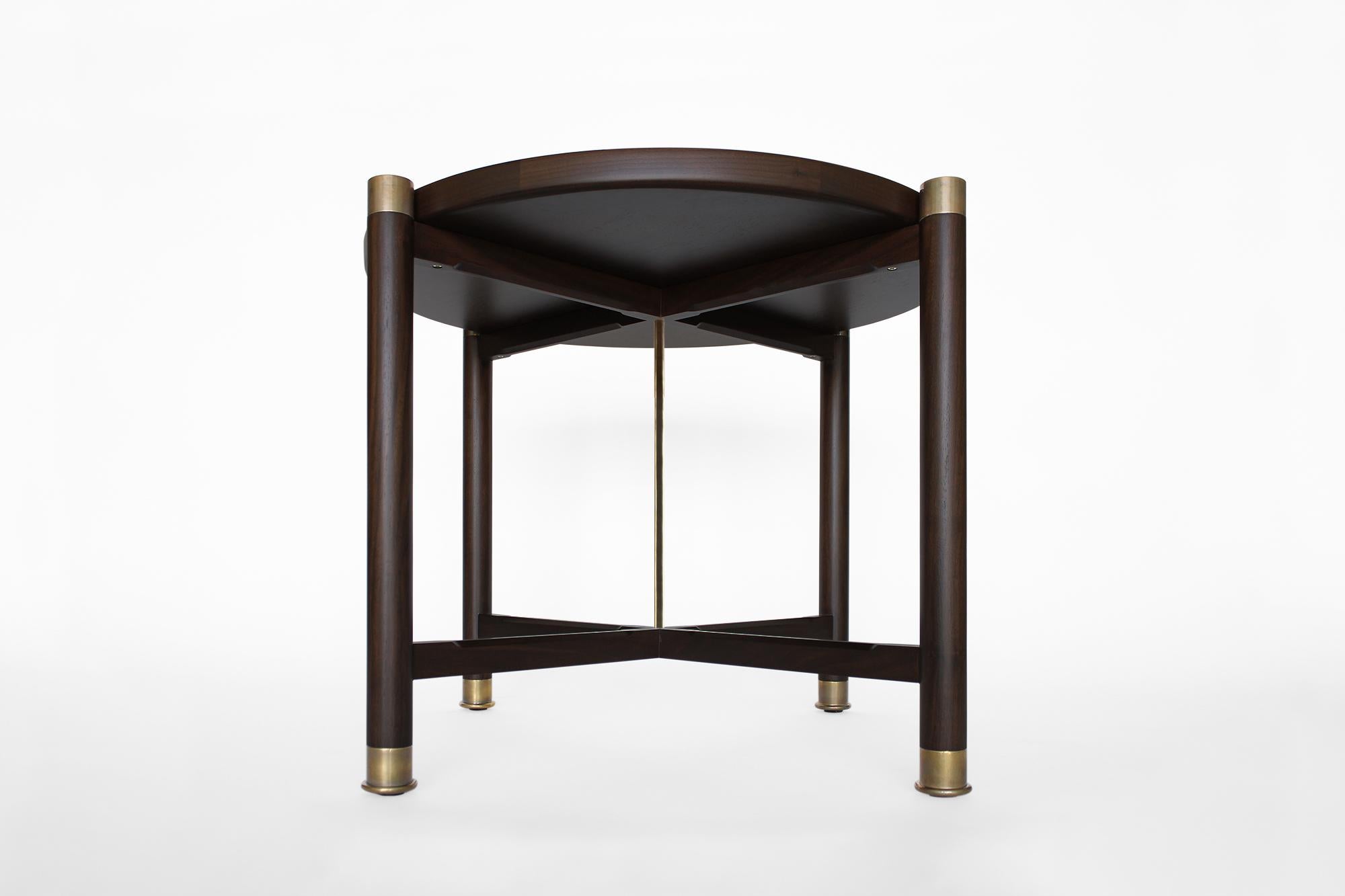 Custom Otto Round Side Table in Ebonized Oak w/ Antique Brass Fittings and Stem For Sale 1