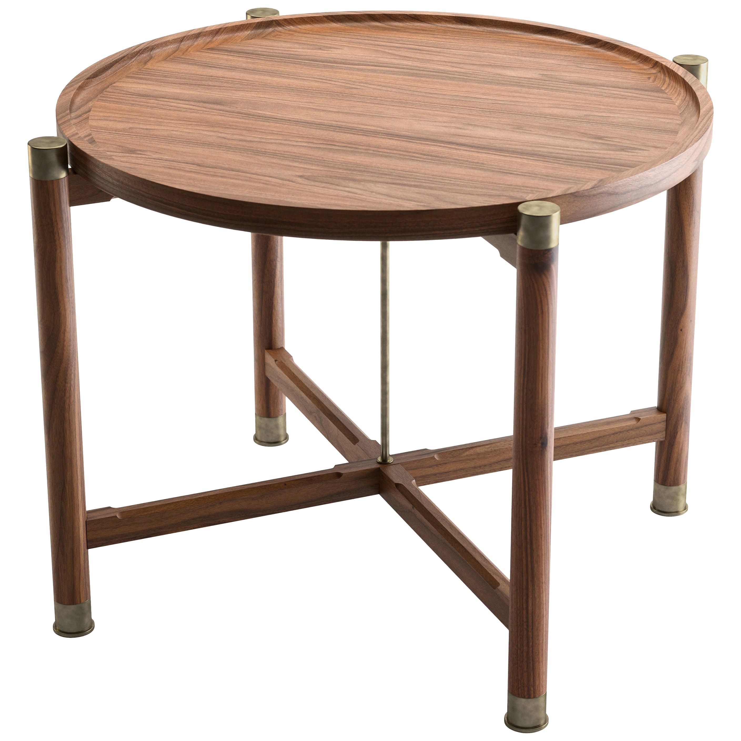 Custom Otto Round Side Table in Lt Walnut with Antique Brass Fittings and Stem