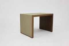 Custom Ottoman and Wood Table Shown in Suede and Oak with Faux Shagrin
