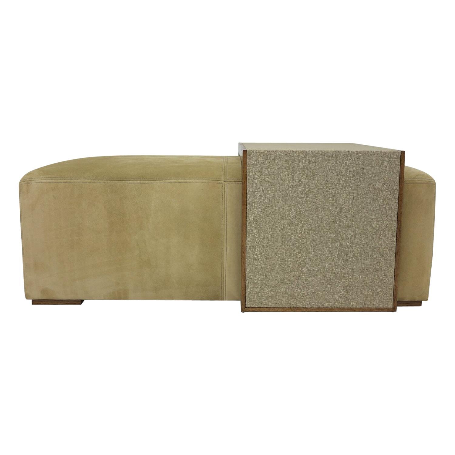 Custom Ottoman and Wood Table Shown in Suede and Oak with Faux Shagrin