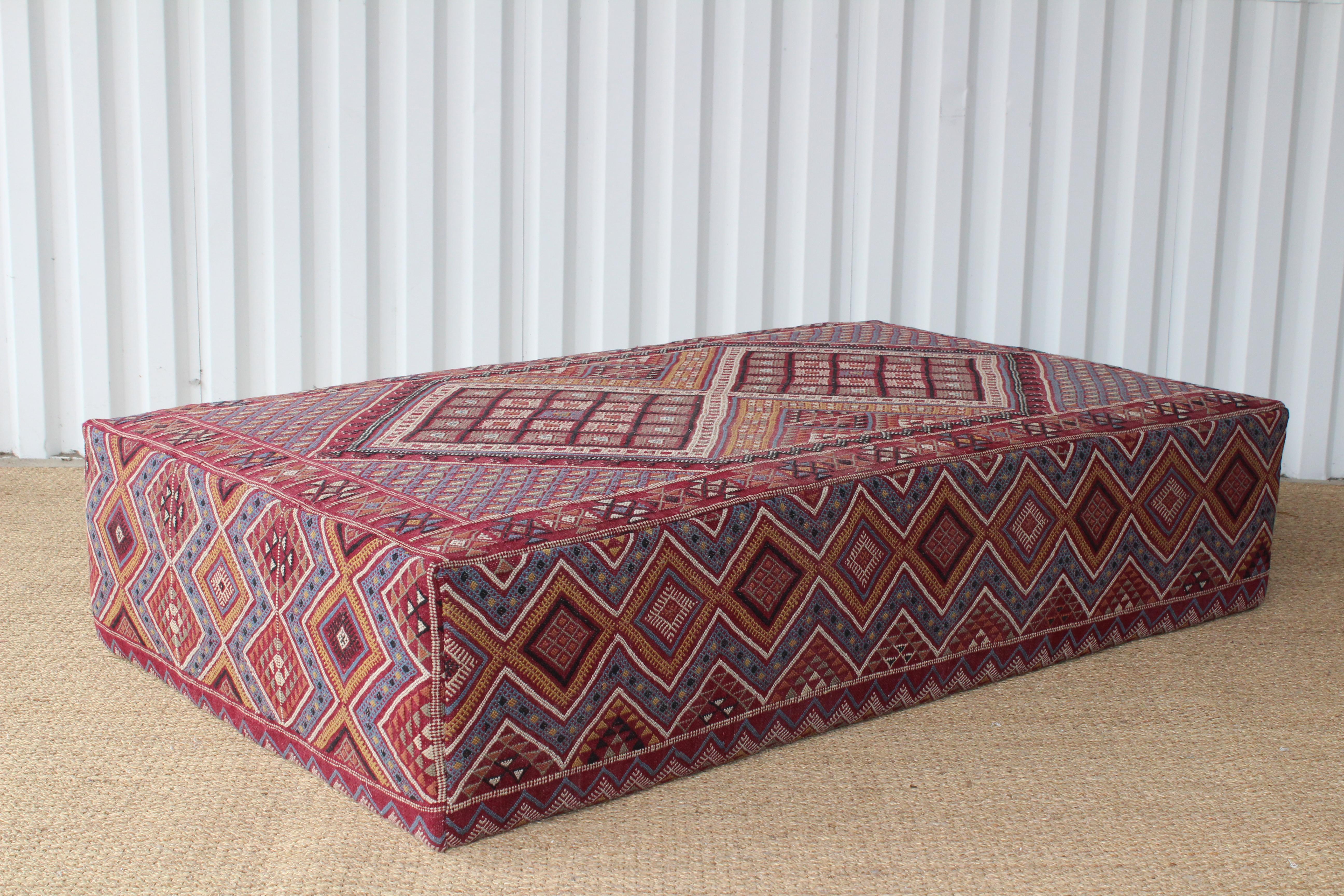 Tribal Custom Ottoman Upholstered with a Vintage 1960s Turkish Kilim