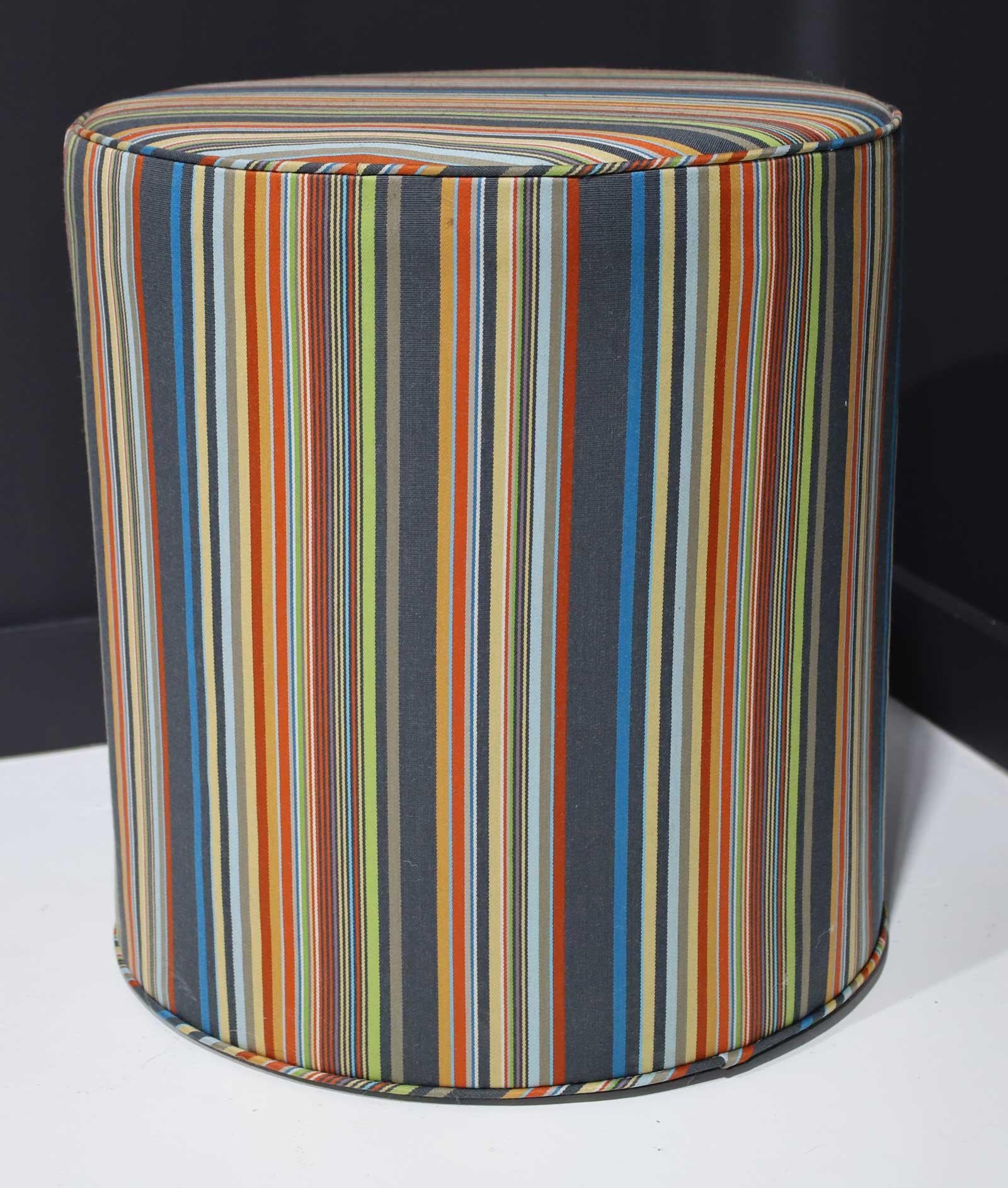 We can make as many as you need and upholster in any fabric of your choice. Here are a few examples we upholstered in a Paul Smith stripe and fabrics by Kelly Wearstler. A great stool for added seating anywhere or use at the table or a desk.
