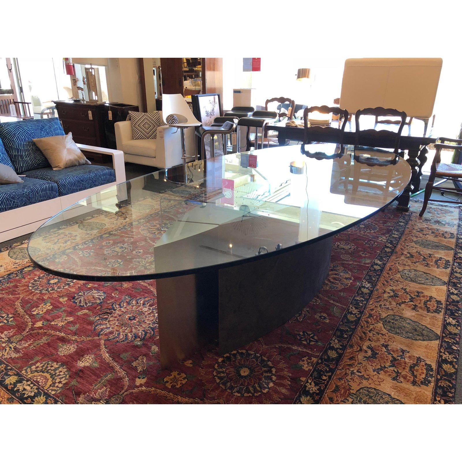 Custom Oval Glass and Steel Dining Table, Seats Ten In Good Condition For Sale In San Francisco, CA