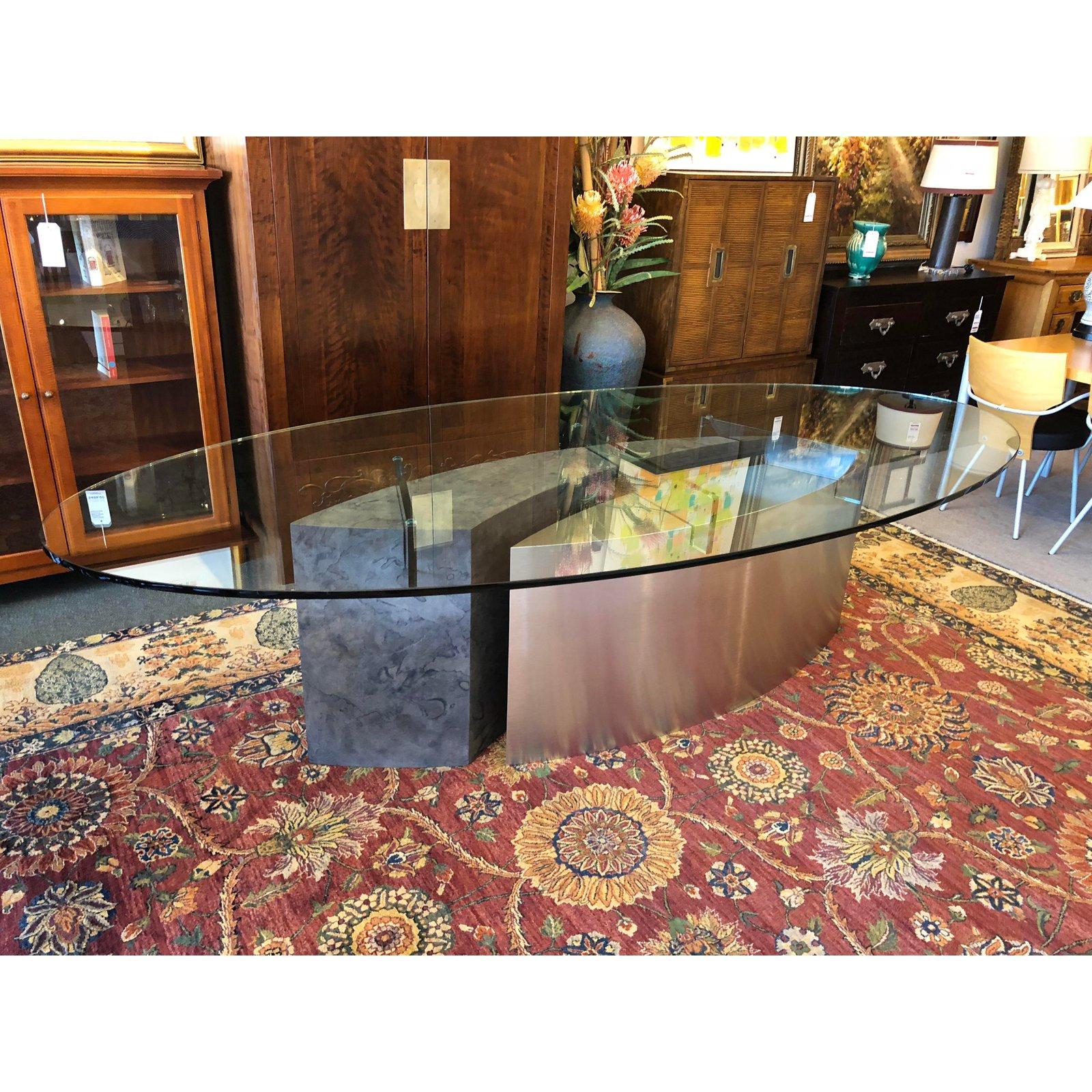 Custom Oval Glass and Steel Dining Table, Seats Ten For Sale 3