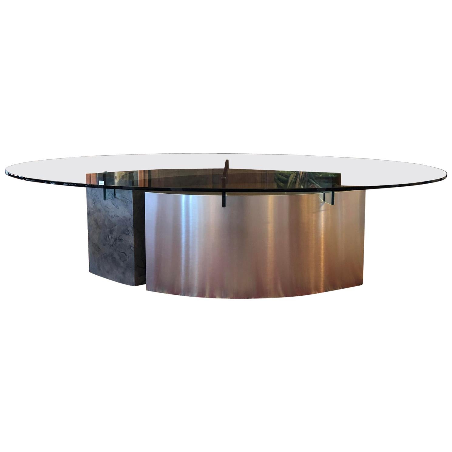 Custom Oval Glass and Steel Dining Table, Seats Ten For Sale